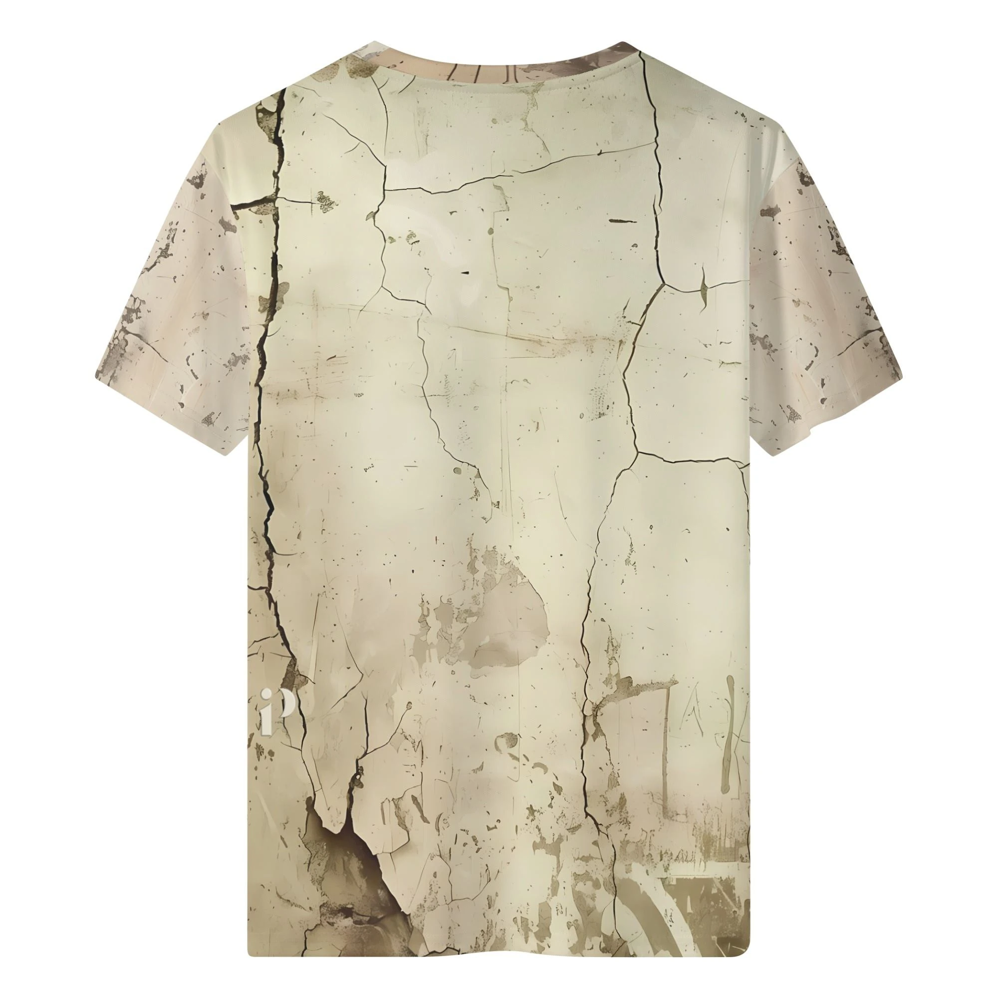 Camiseta clásica de hombre con estampado integral de una planta histérica exigiendo café en fondo agrietado. Vista frontal y trasera de la prenda.