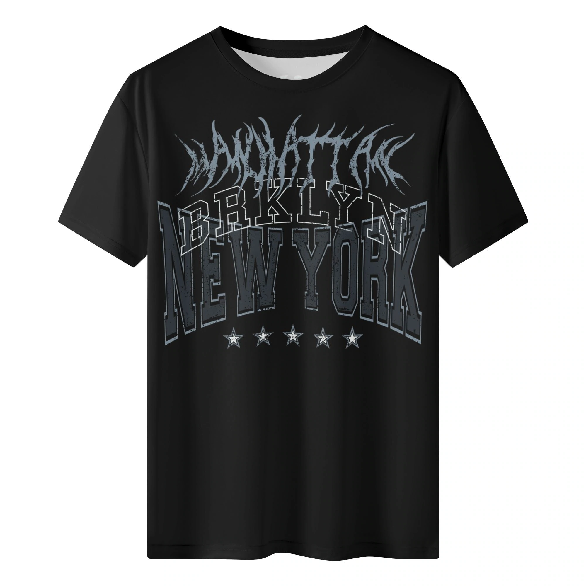 Camiseta para hombre con diseño gráfico urbano "Manhattan Brooklyn New York" sobre fondo negro, corte clásico.