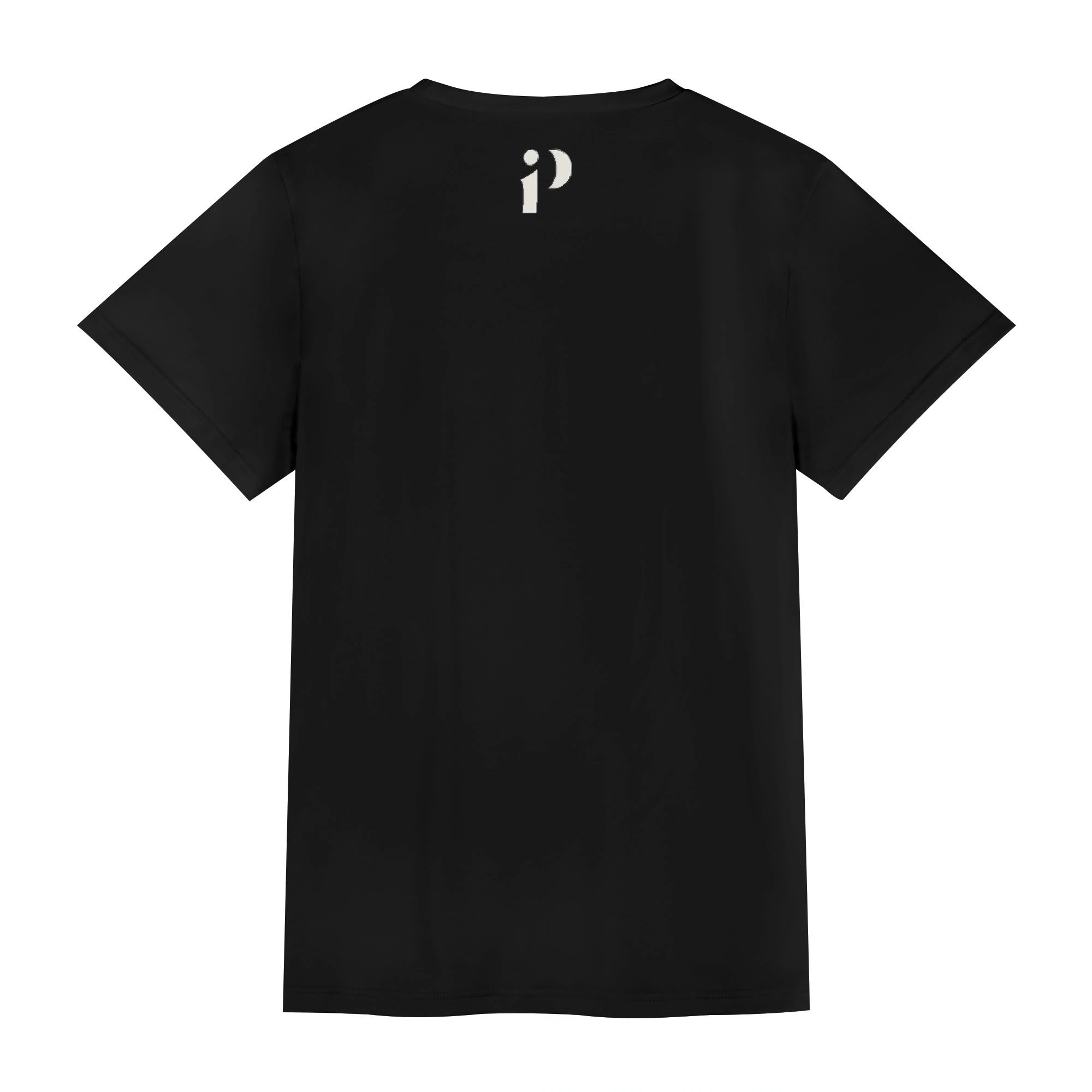 Parte trasera de camiseta unisex negra, diseño limpio con pequeño logo.