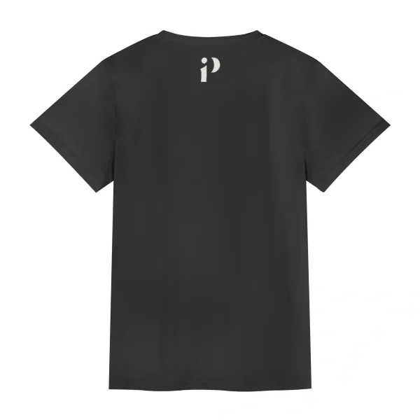 Parte trasera de camiseta gris oscuro unisex, diseño minimalista con pequeño logo.