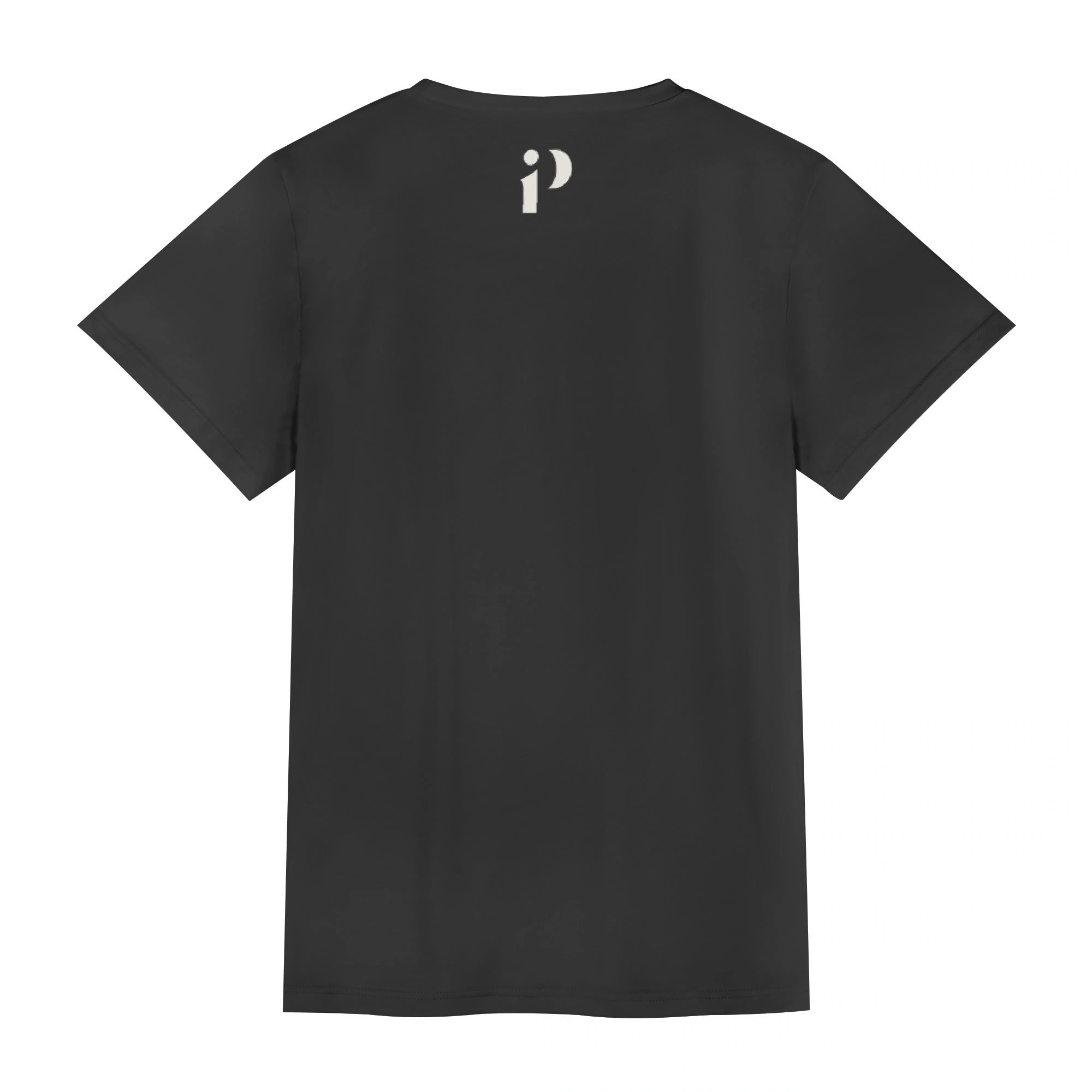 Parte trasera de camiseta gris oscuro unisex, diseño minimalista con pequeño logo.