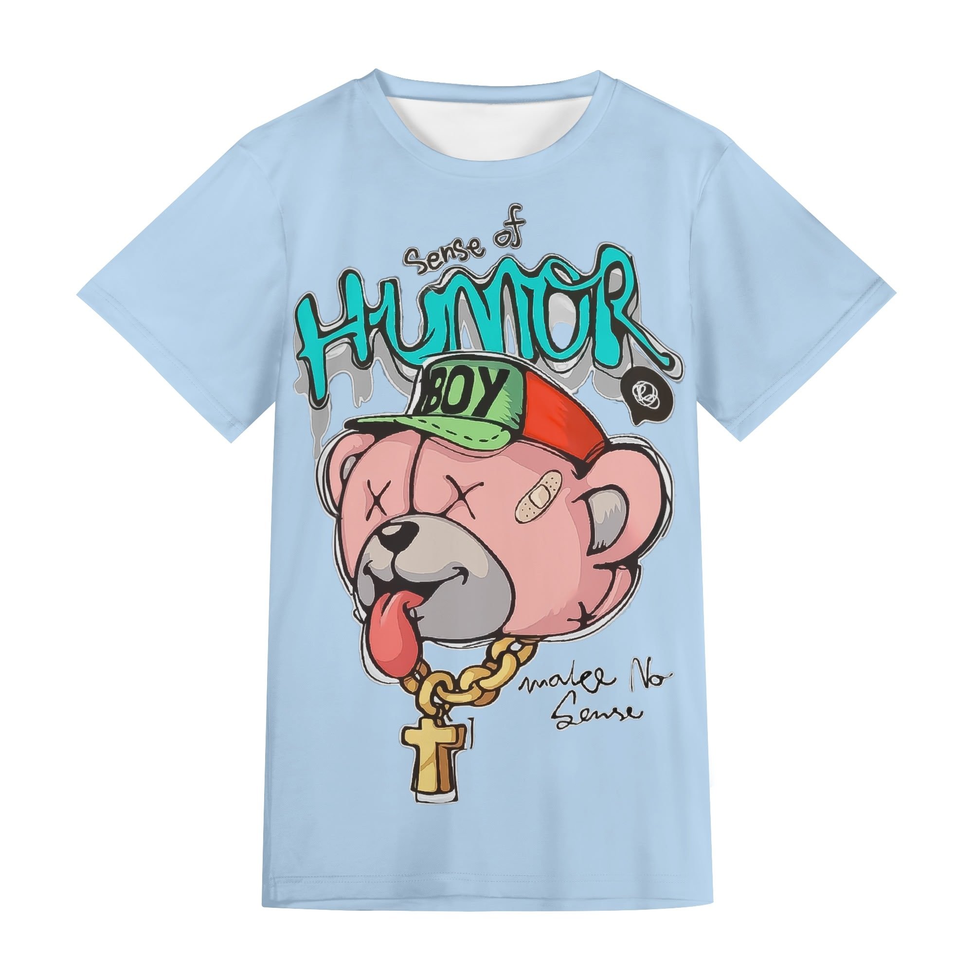 Camiseta unisex azul cielo con diseño divertido "Sense of Humor Boy" en estampado all-over.