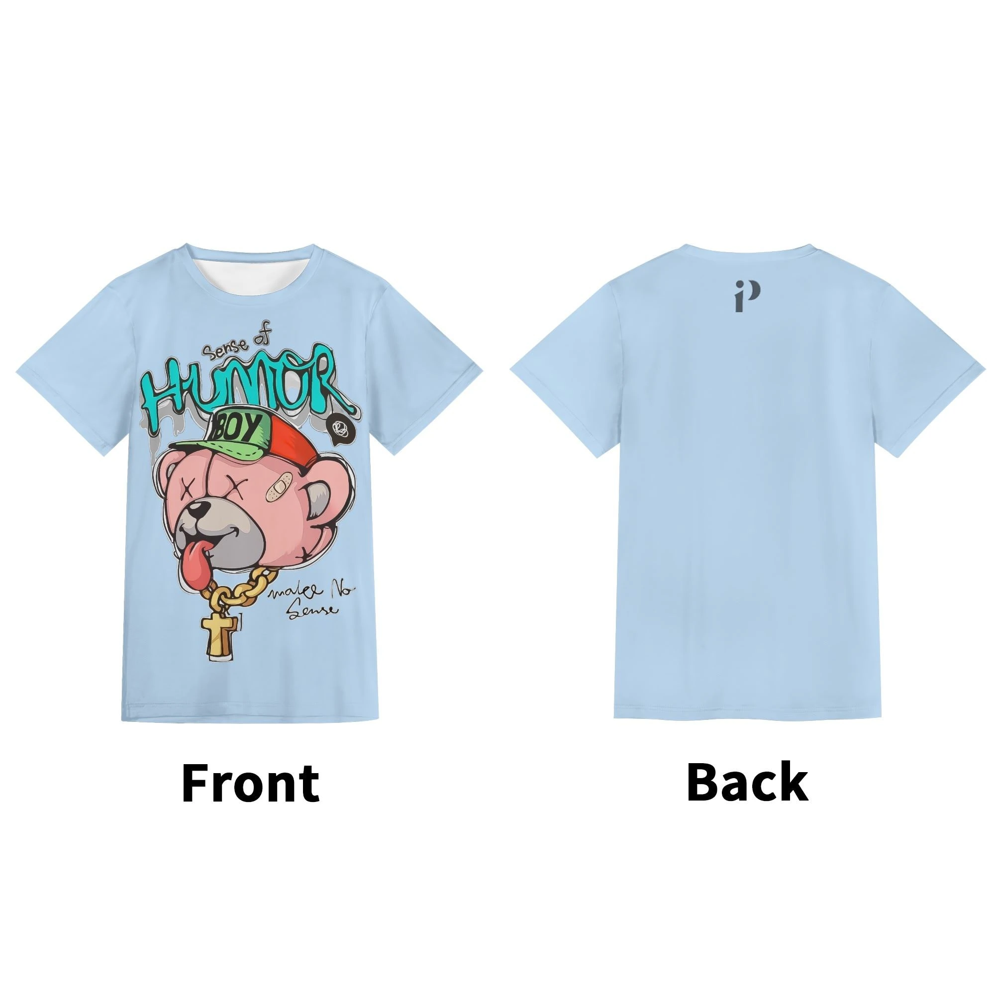 Camiseta unisex azul cielo con diseño divertido "Sense of Humor Boy" en estampado all-over. Camiseta azul cielo con fondo limpio y logo discreto en la espalda.