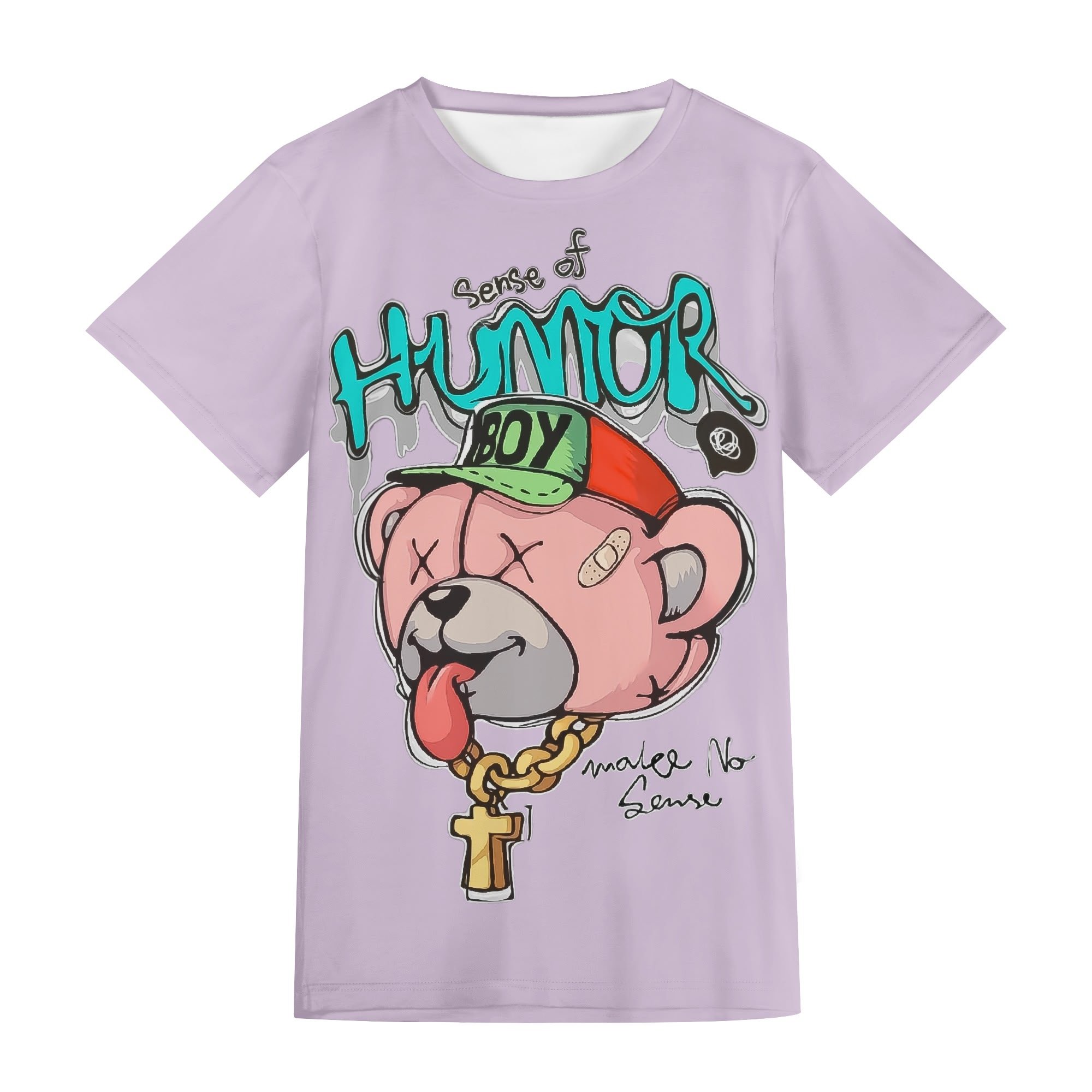 Camiseta unisex color lavanda con ilustración gráfica "Sense of Humor Boy" en impresión total.