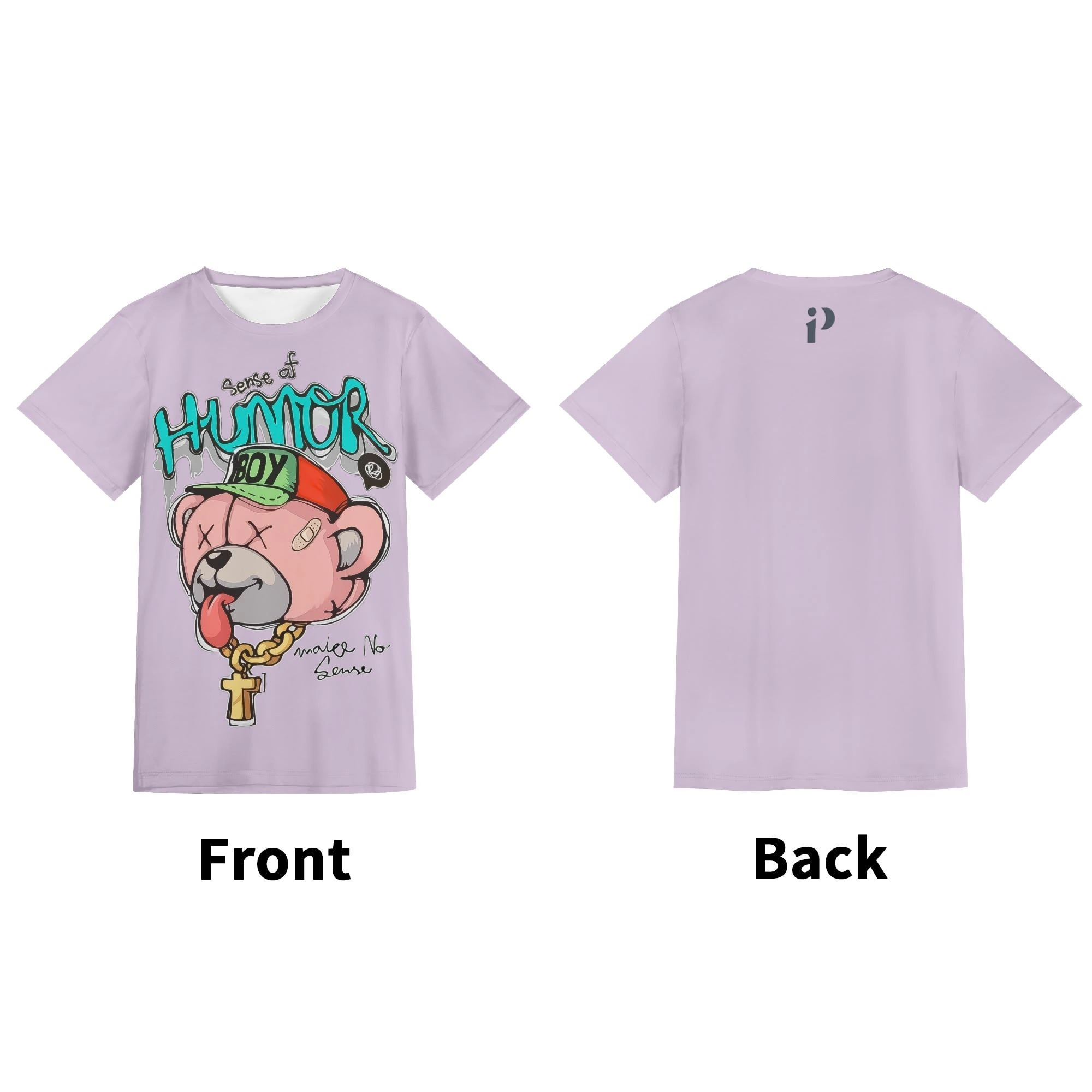 Camiseta unisex color lavanda con ilustración gráfica "Sense of Humor Boy" en impresión total. Camiseta lavanda de corte clásico con fondo limpio y logo discreto.