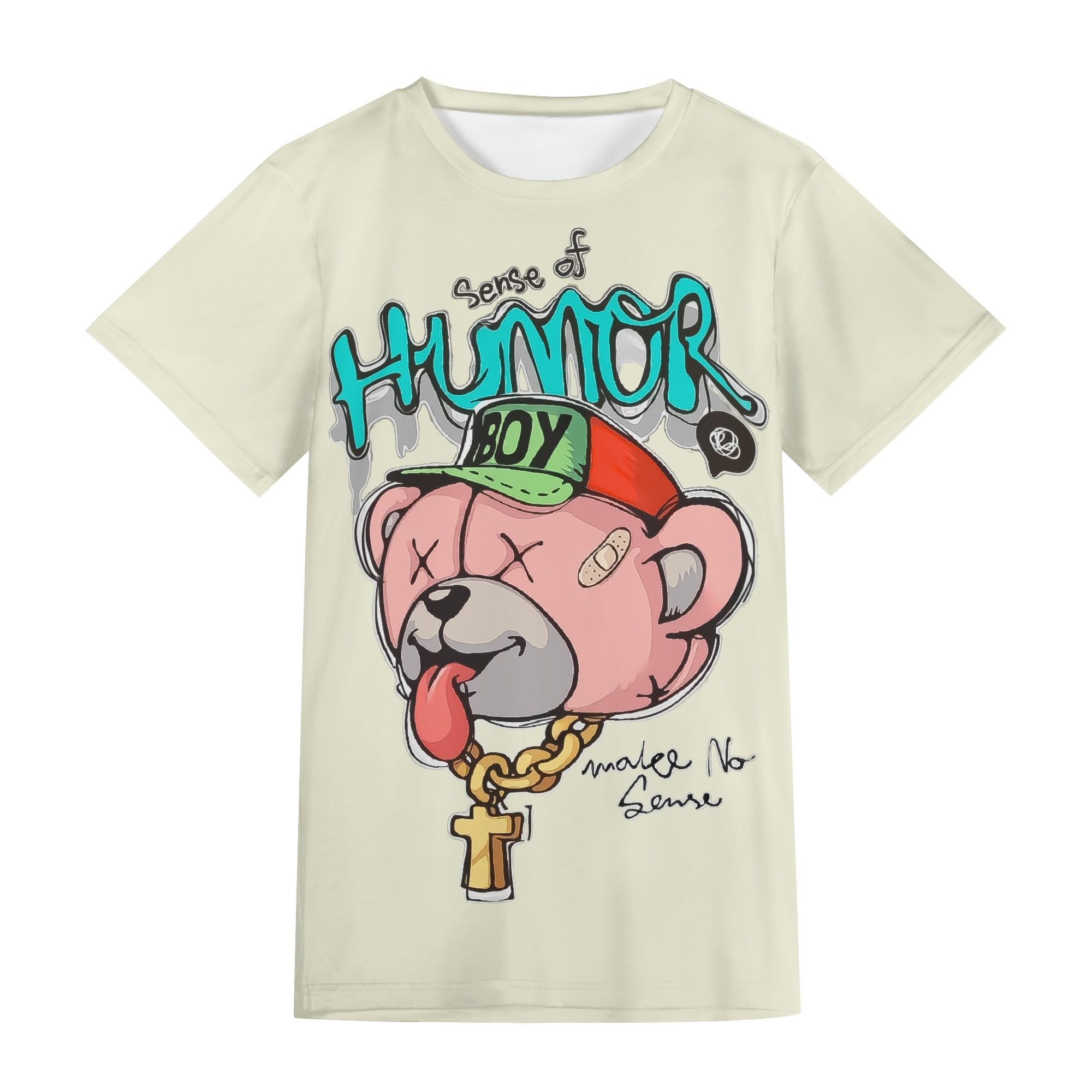 Camiseta unisex color vainilla con diseño "Sense of Humor Boy" en impresión all-over.