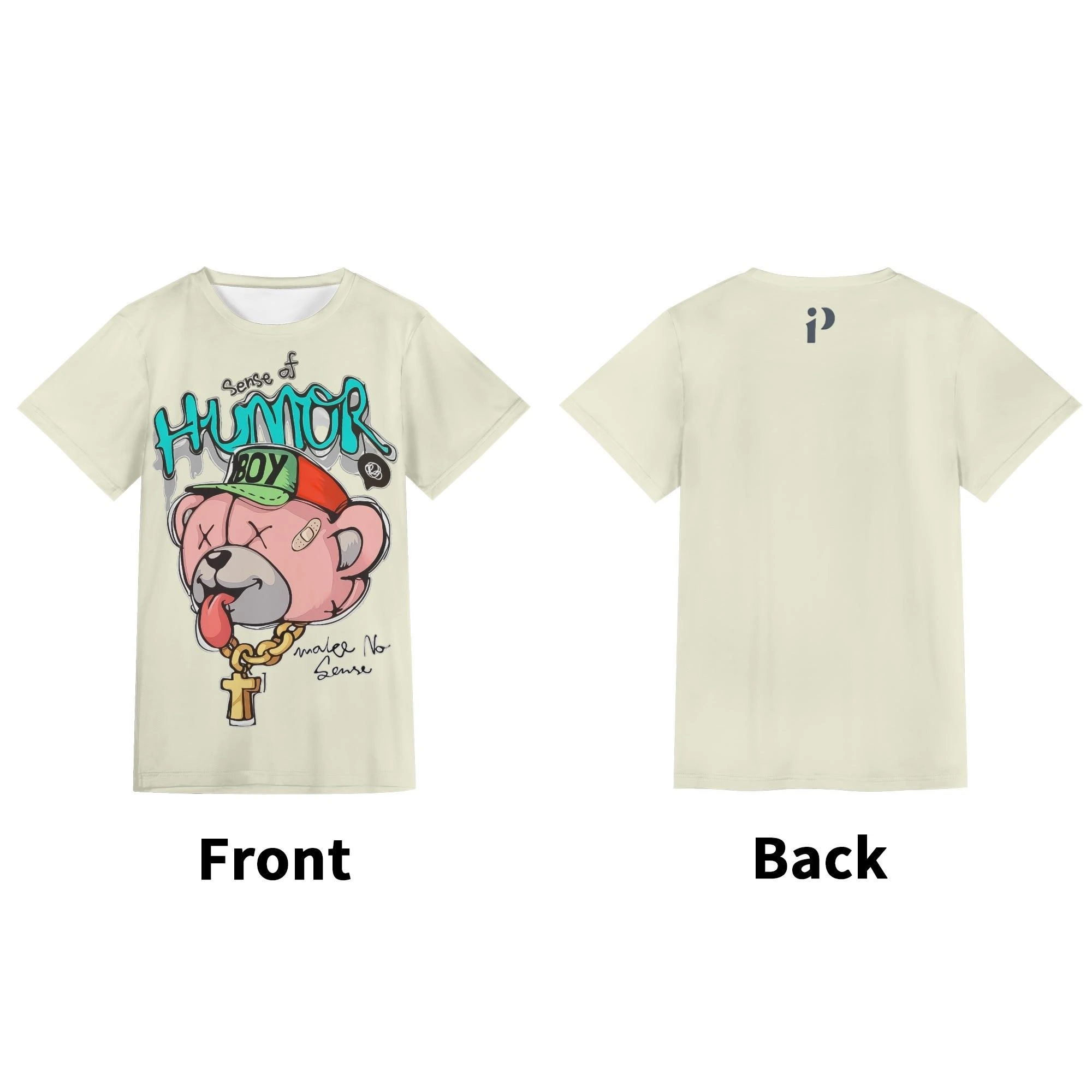 Camiseta unisex color vainilla con diseño "Sense of Humor Boy" en impresión all-over. Camiseta vainilla minimalista con logo discreto.