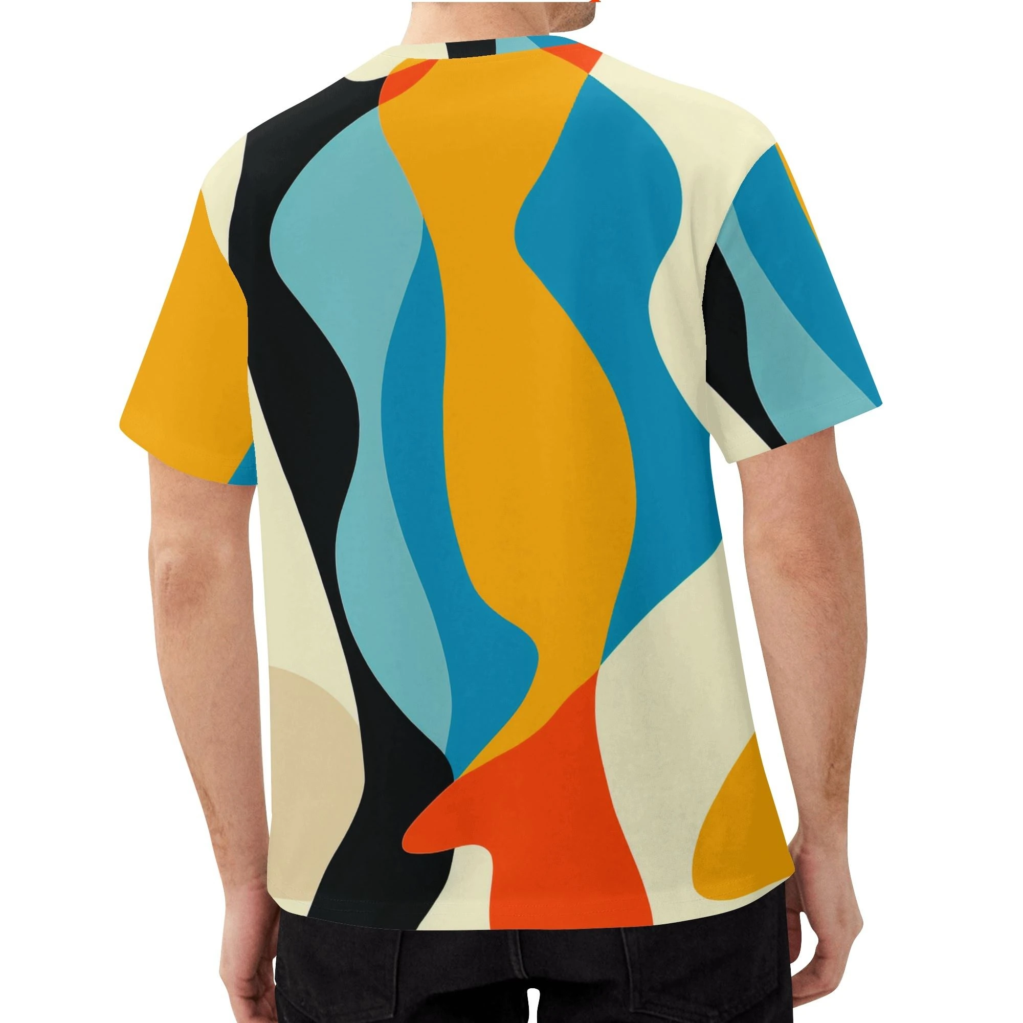 Parte trasera de la camiseta “Flujo Abstracto” con continuidad de estampado gráfico y corte moderno.