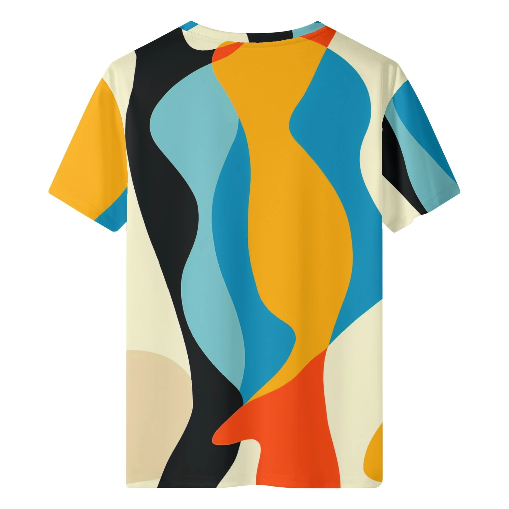 Parte trasera de la camiseta “Flujo Abstracto” con continuidad de estampado gráfico y corte moderno.
