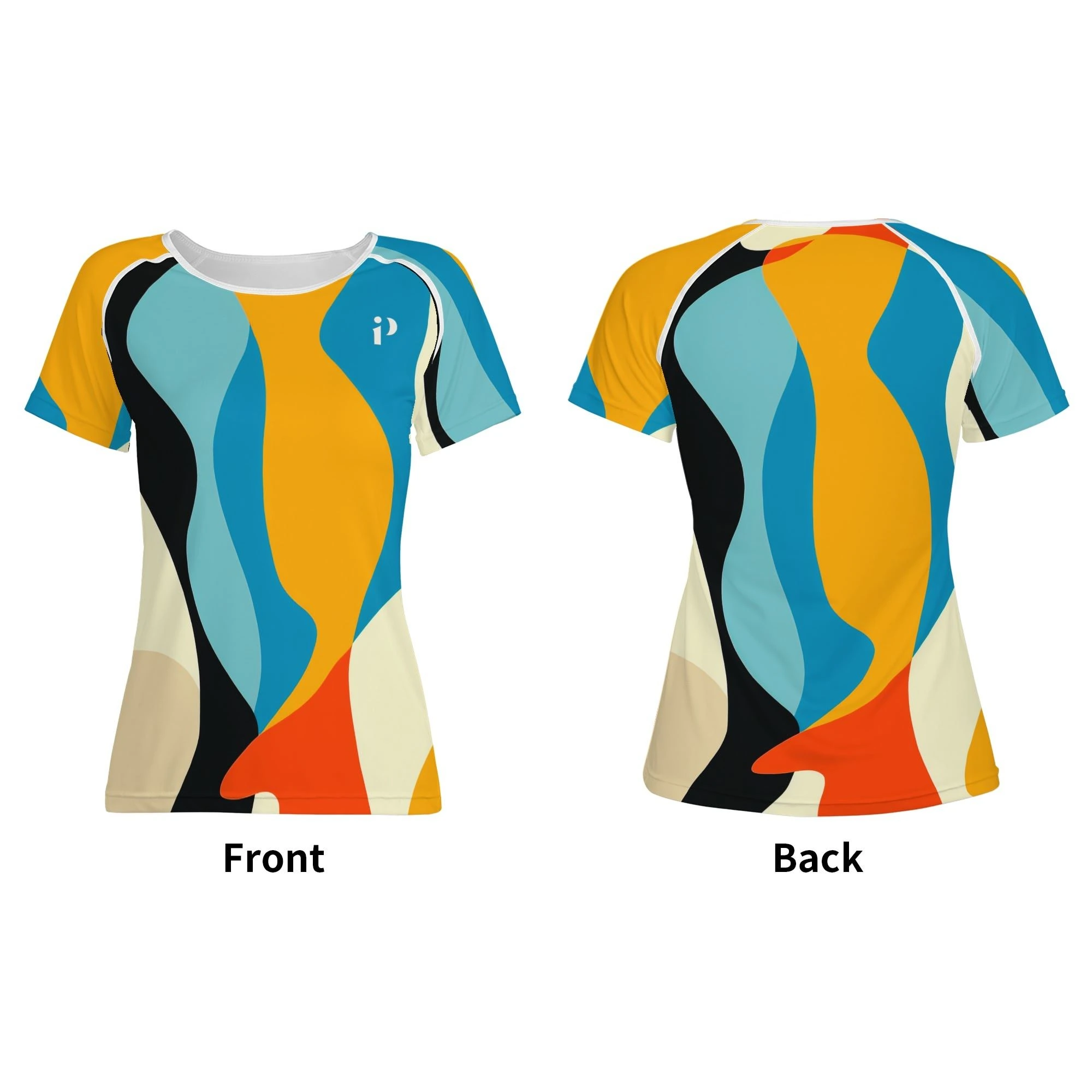 Camiseta de mujer corte deportivo con diseño artístico en impresión all-over. Parte posterior con continuidad del patrón gráfico abstracto de colores vivos.