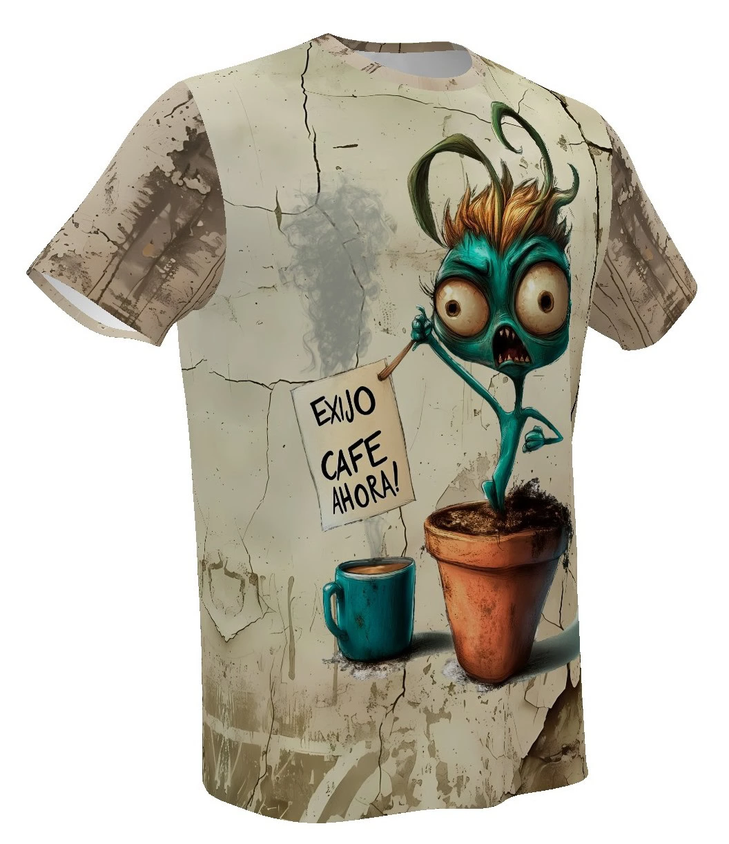 Camiseta clásica de hombre con estampado integral de una planta histérica exigiendo café en fondo agrietado. Vista frontal y trasera de la prenda.