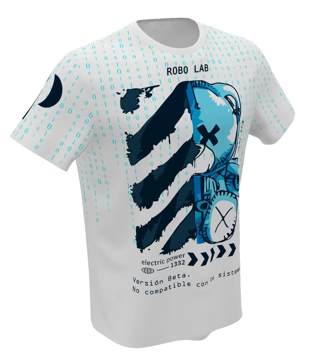 Camiseta para hombre ROBO LAB // Error_404 con diseño binario retro-futurista y mensaje ERROR_404_NOT_FOUND, estampado completo frontal y trasero.