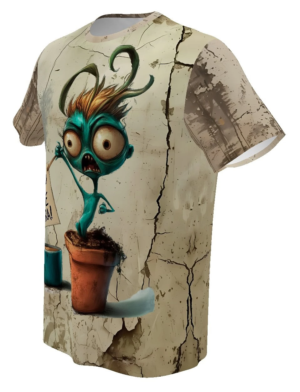 Camiseta clásica de hombre con estampado integral de una planta histérica exigiendo café en fondo agrietado. Vista frontal y trasera de la prenda.