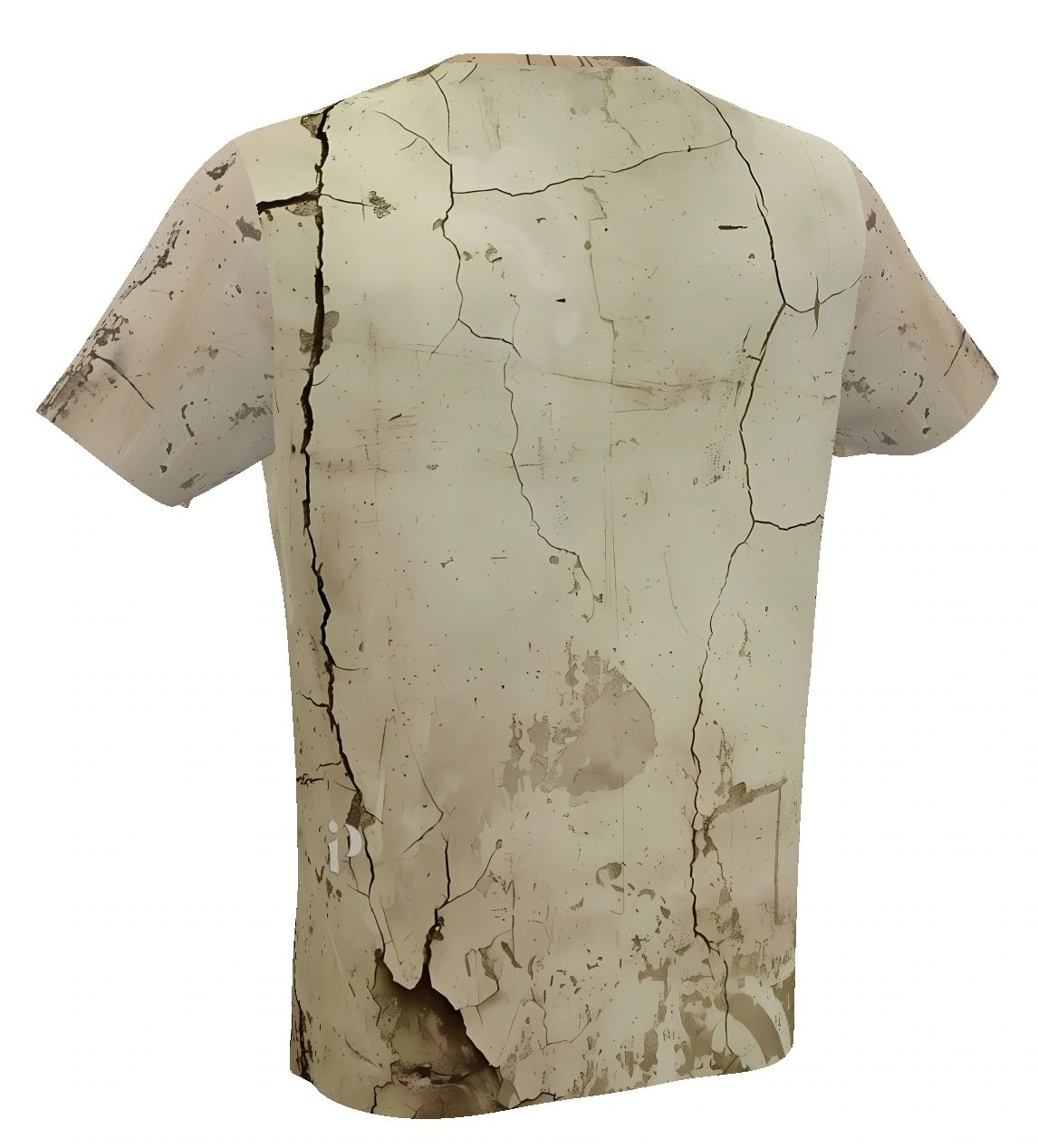 Camiseta clásica de hombre con estampado integral de una planta histérica exigiendo café en fondo agrietado. Vista frontal y trasera de la prenda.