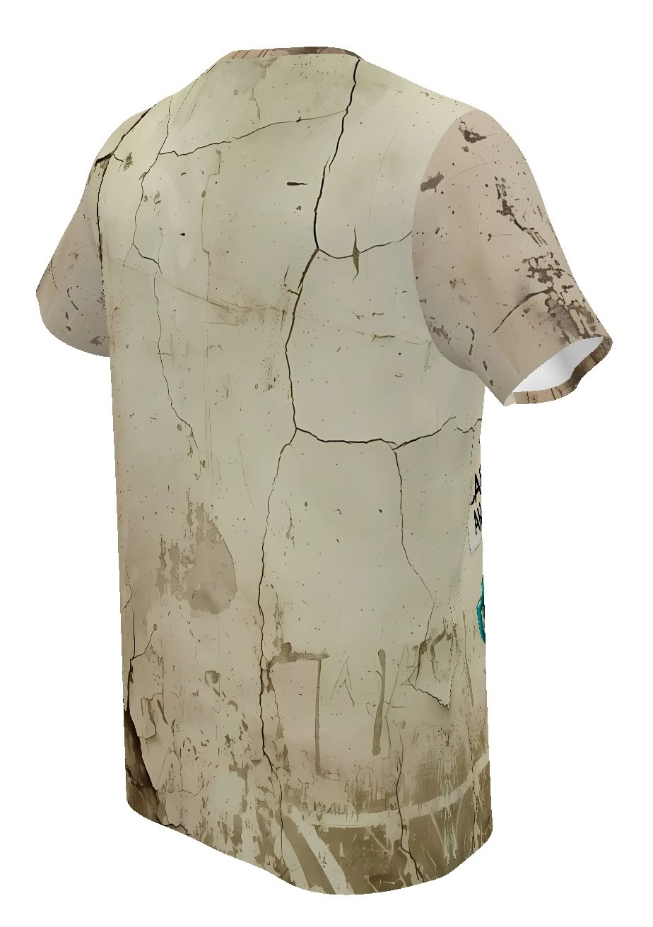 Camiseta clásica de hombre con estampado integral de una planta histérica exigiendo café en fondo agrietado. Vista frontal y trasera de la prenda.