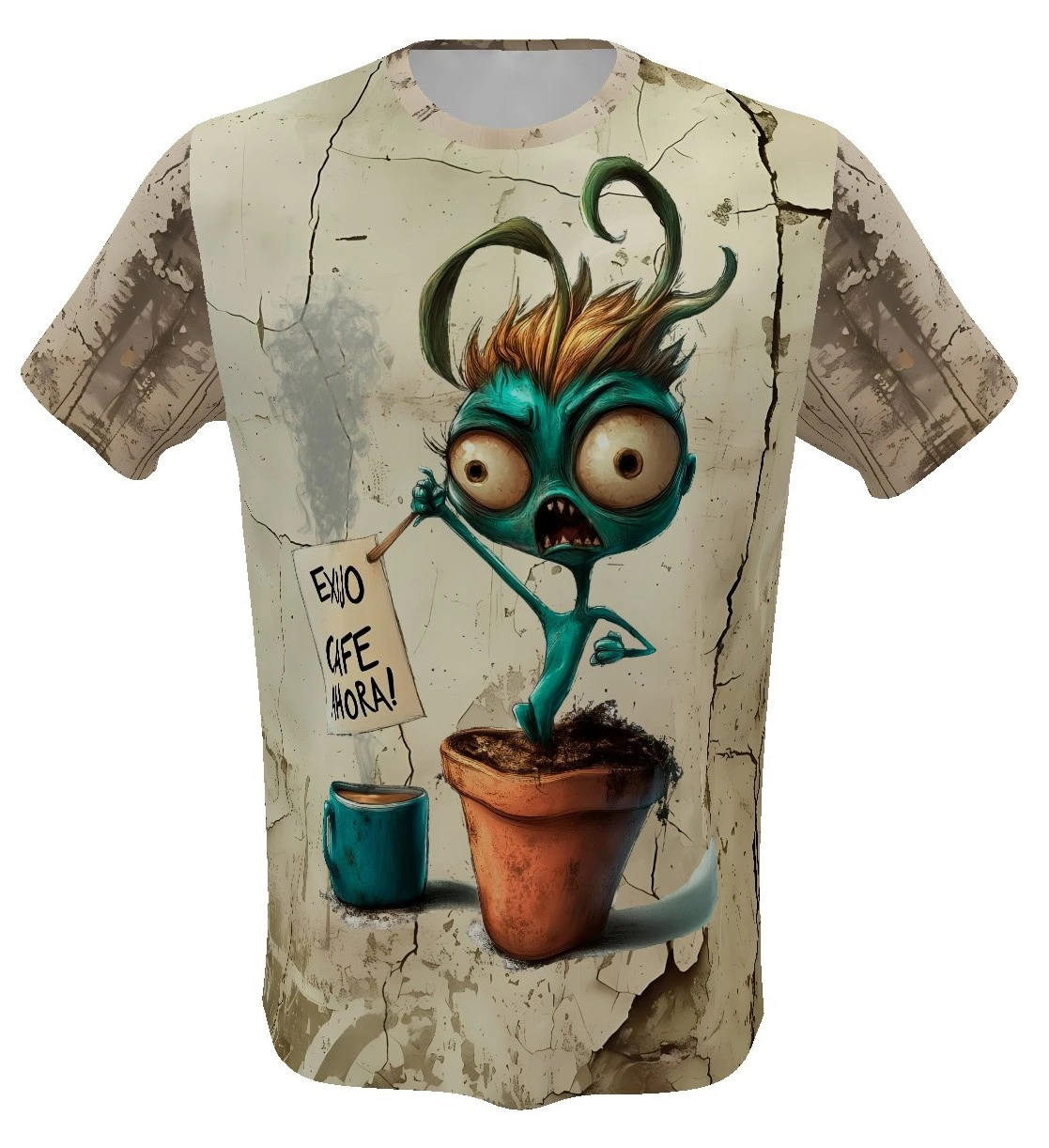 Camiseta clásica de hombre con estampado integral de una planta histérica exigiendo café en fondo agrietado. Vista frontal y trasera de la prenda.