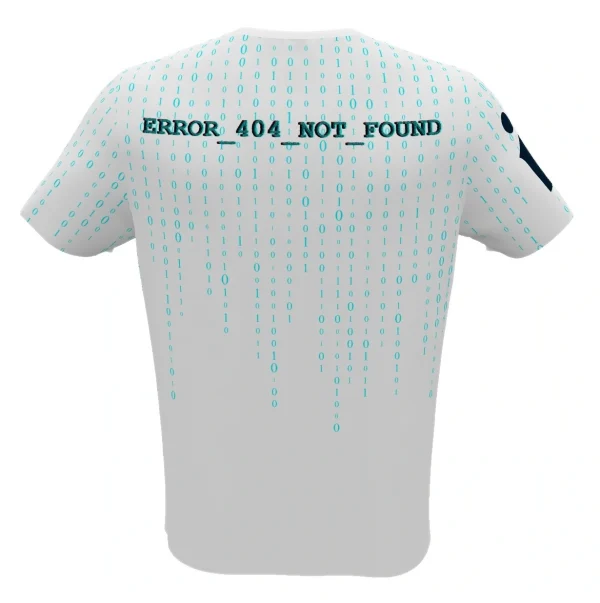 Camiseta para hombre ROBO LAB // Error_404 con diseño binario retro-futurista y mensaje ERROR_404_NOT_FOUND, estampado completo frontal y trasero.