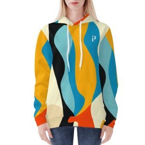 Vista frontal y trasera de la sudadera para mujer “Oleada Cálida” con diseño artístico all-over en tonos cálidos, capucha con cordón blanco y ajuste moderno.