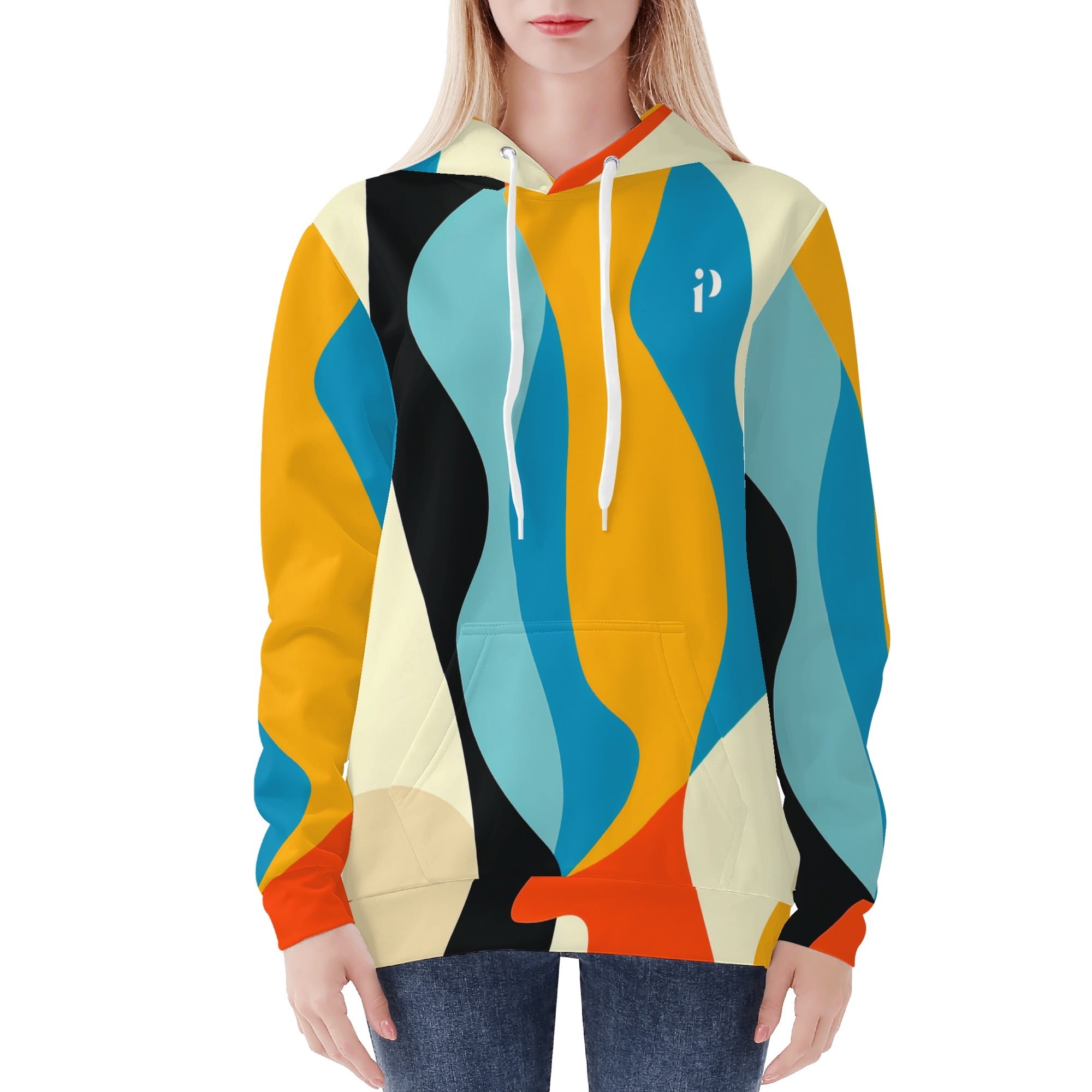 Vista frontal y trasera de la sudadera para mujer “Oleada Cálida” con diseño artístico all-over en tonos cálidos, capucha con cordón blanco y ajuste moderno.