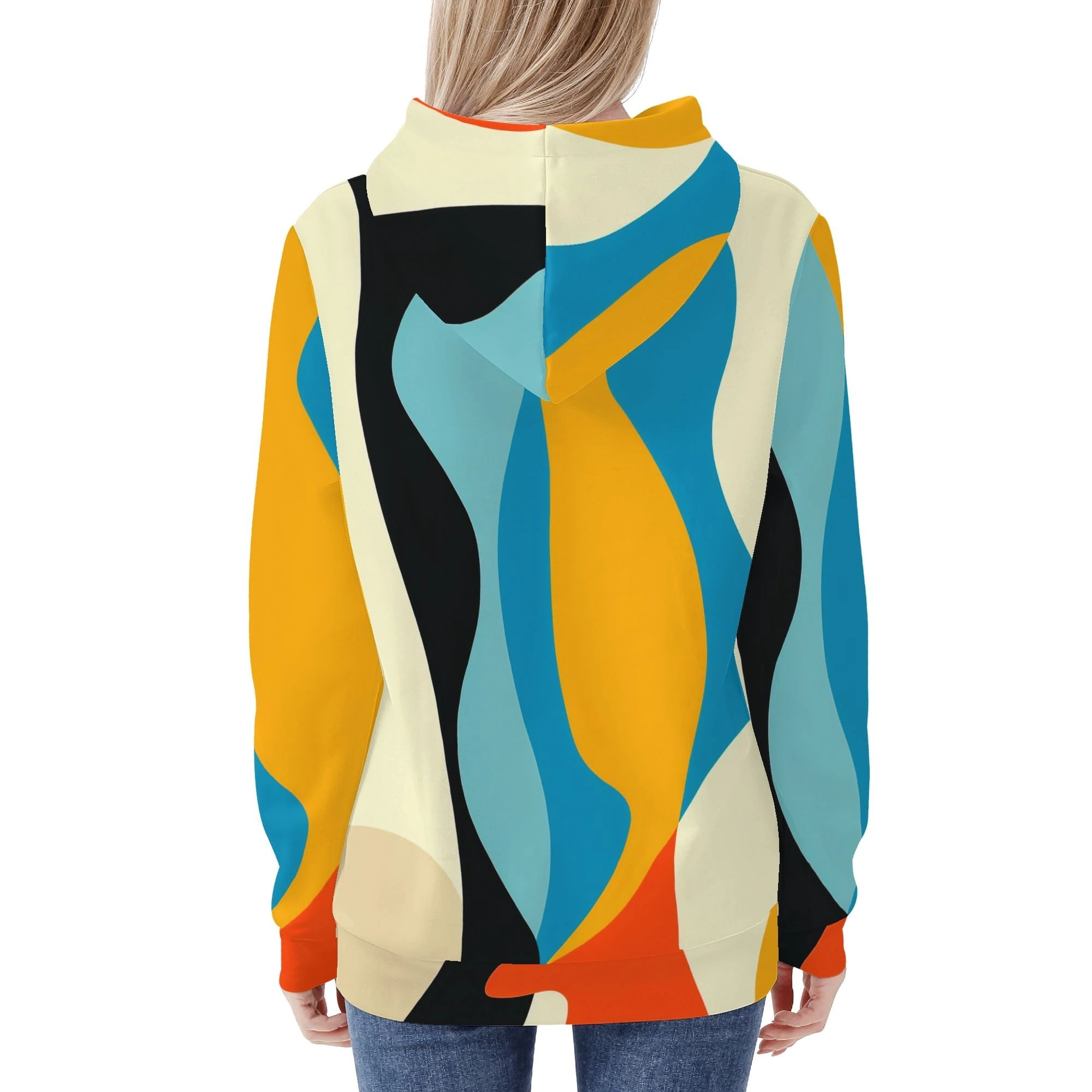 Vista frontal y trasera de la sudadera para mujer “Oleada Cálida” con diseño artístico all-over en tonos cálidos, capucha con cordón blanco y ajuste moderno.