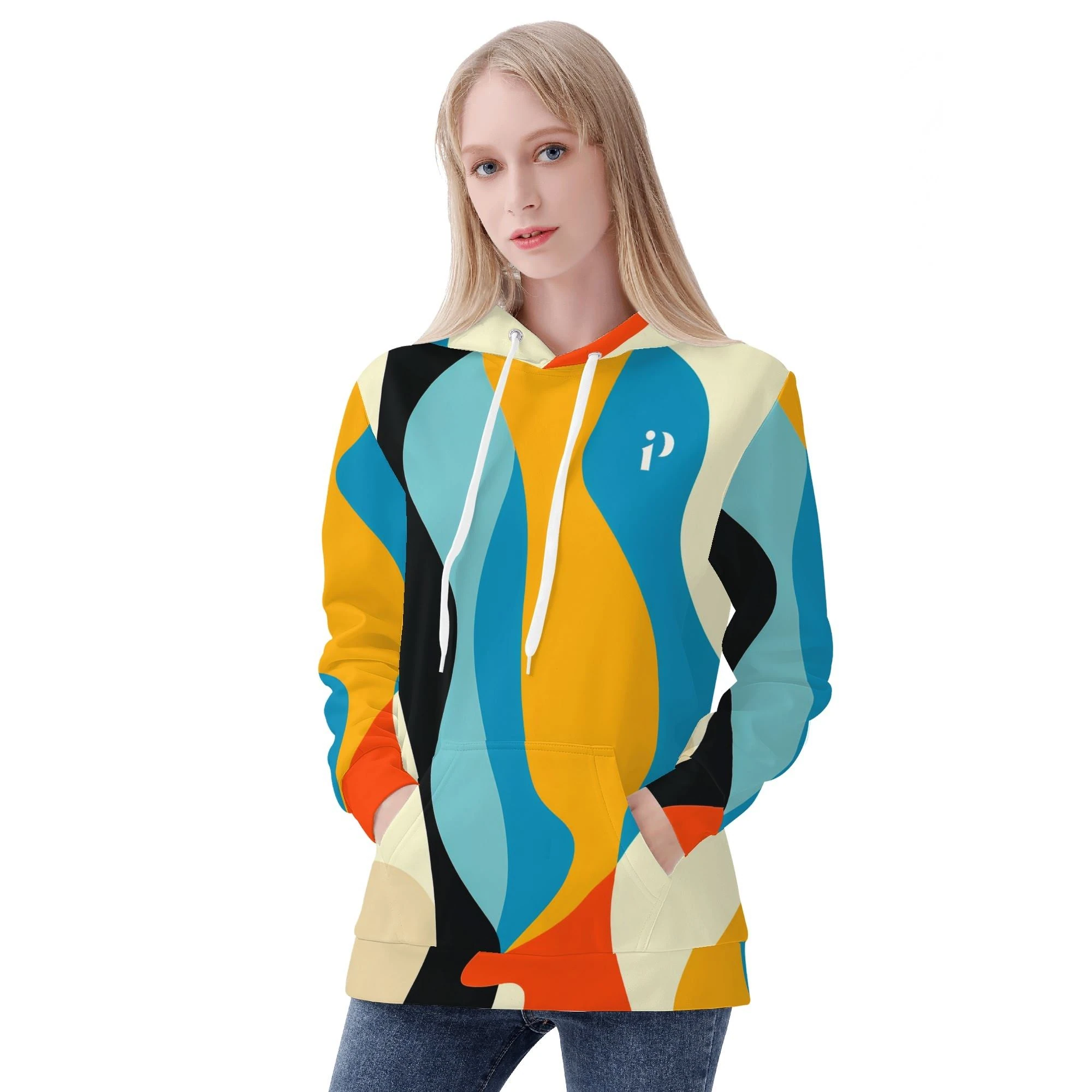 Vista frontal y trasera de la sudadera para mujer “Oleada Cálida” con diseño artístico all-over en tonos cálidos, capucha con cordón blanco y ajuste moderno.