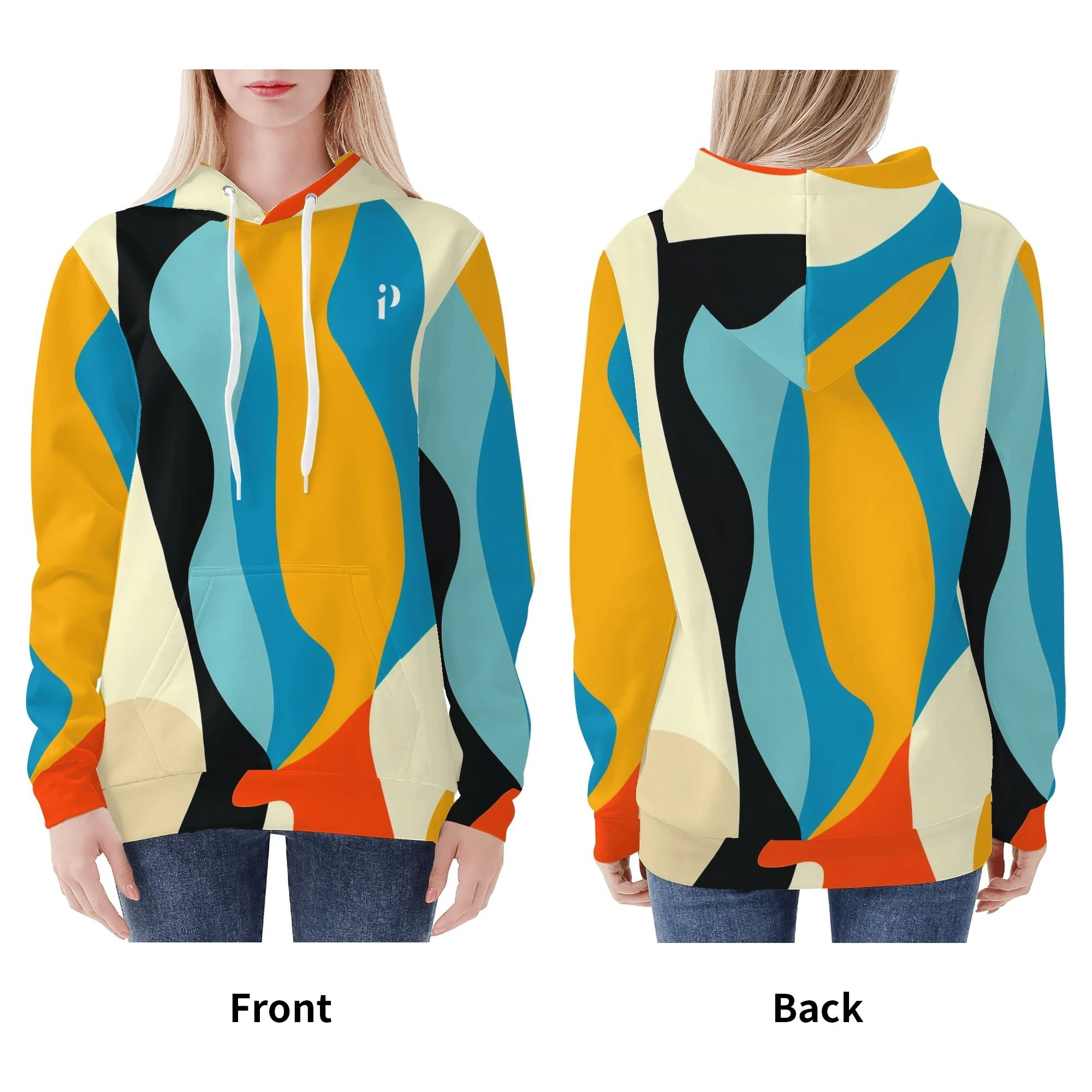 Vista frontal y trasera de la sudadera para mujer “Oleada Cálida” con diseño artístico all-over en tonos cálidos, capucha con cordón blanco y ajuste moderno.