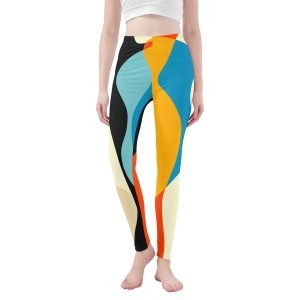 Vista frontal de los leggings “Movimiento Fluido” en pose de yoga, destacando el patrón de colores vivos.