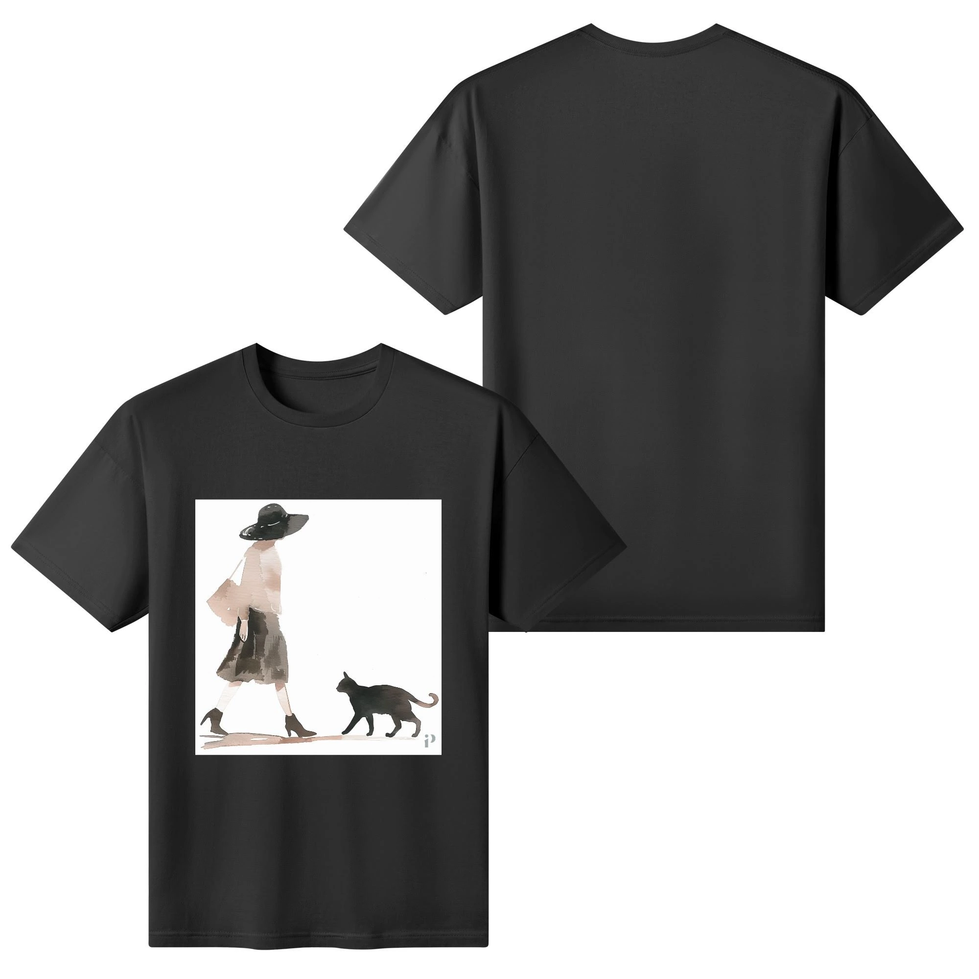 Camiseta de algodón con ilustración de mujer paseando con gato en acuarela. Parte posterior lisa de la camiseta “Paseo con Estilo” sin estampado.