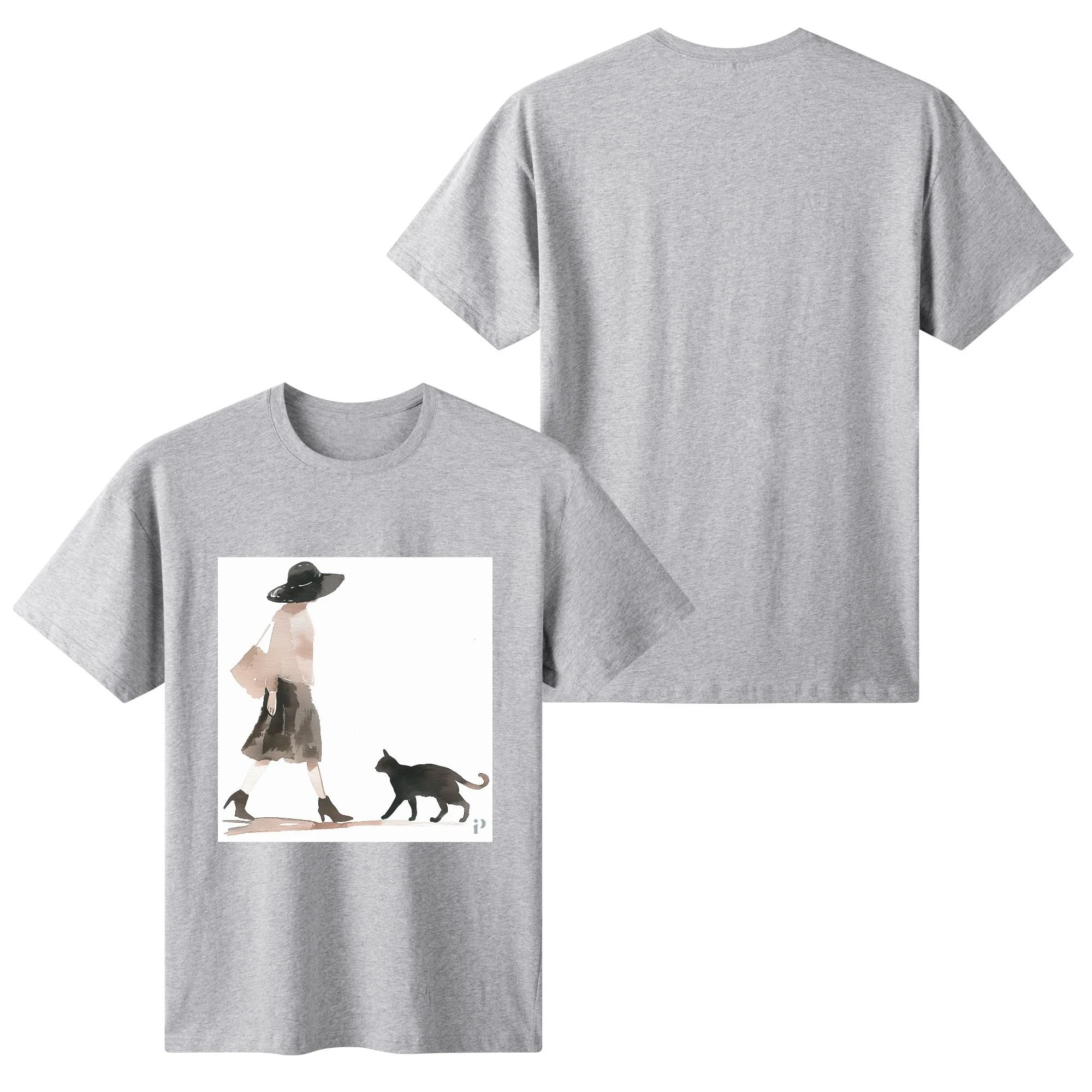 Camiseta de algodón con ilustración de mujer paseando con gato en acuarela. Parte posterior lisa de la camiseta “Paseo con Estilo” sin estampado.