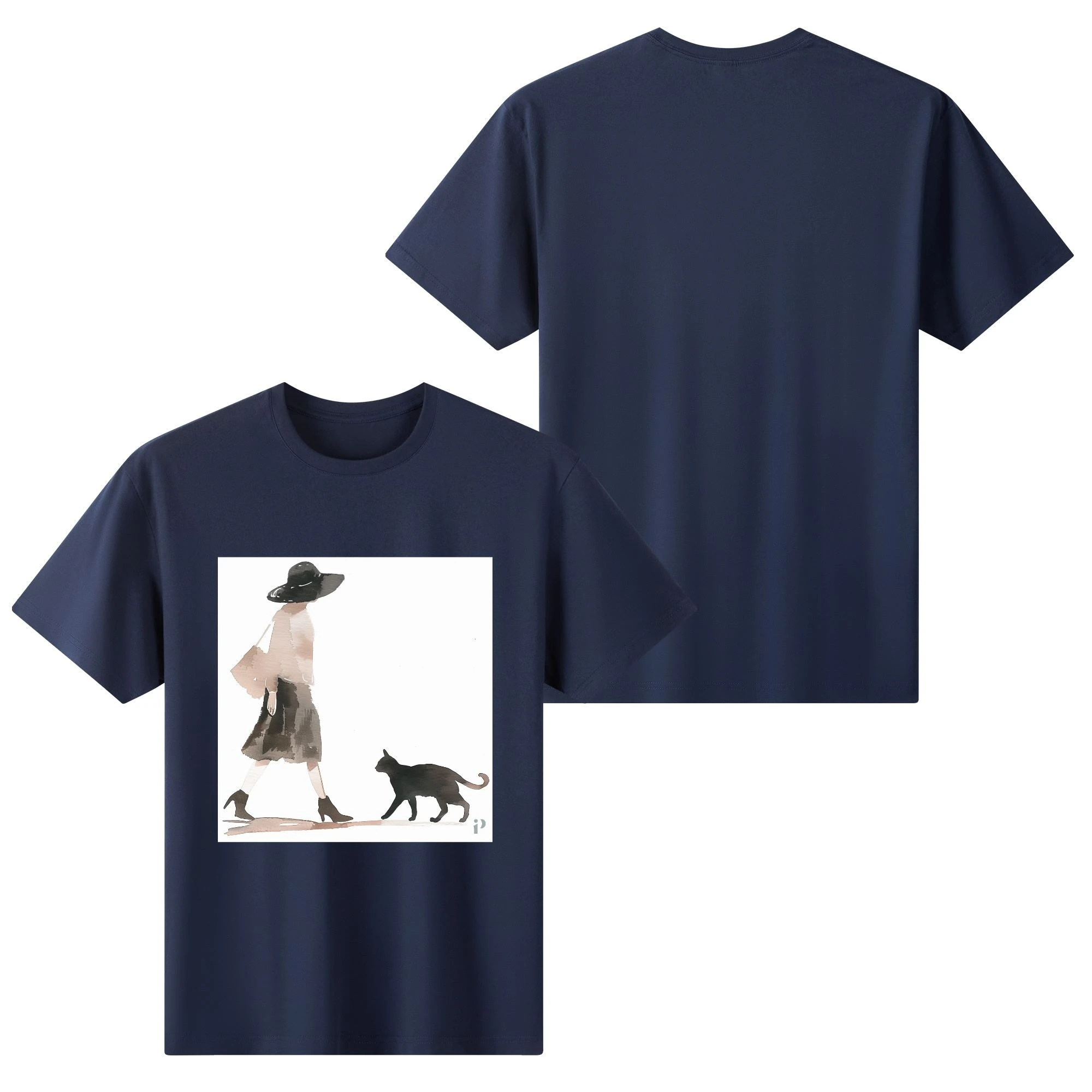 Camiseta de algodón con ilustración de mujer paseando con gato en acuarela. Parte posterior lisa de la camiseta “Paseo con Estilo” sin estampado.