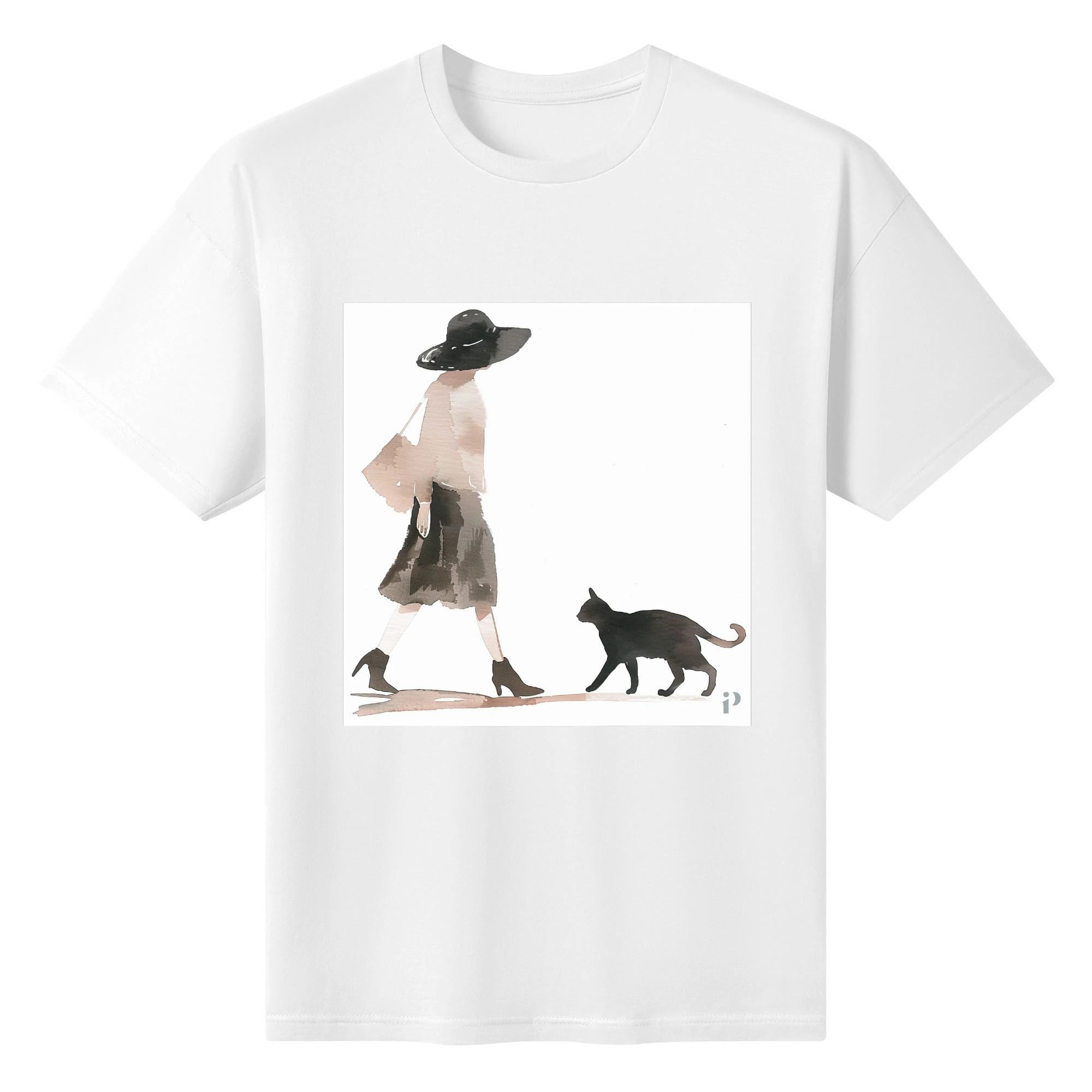 Camiseta de algodón con ilustración de mujer paseando con gato en acuarela.