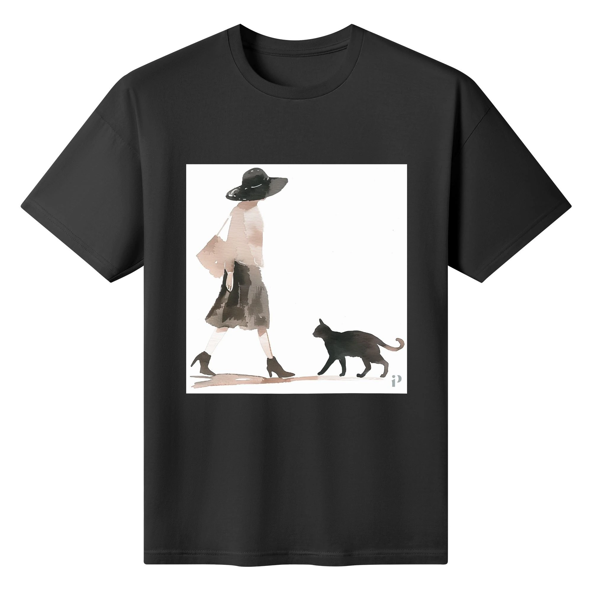 Camiseta de algodón con ilustración de mujer paseando con gato en acuarela.