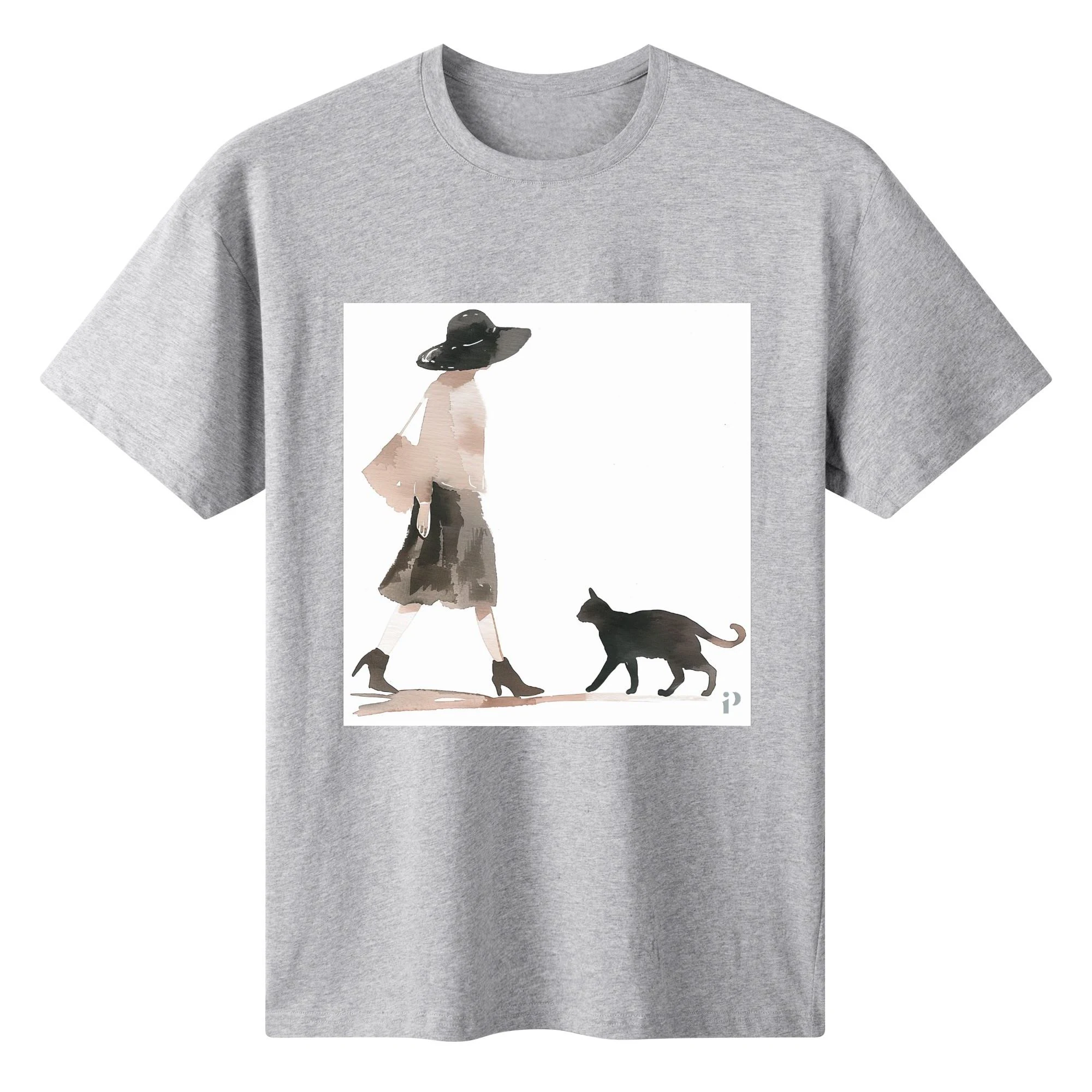 Camiseta de algodón con ilustración de mujer paseando con gato en acuarela.
