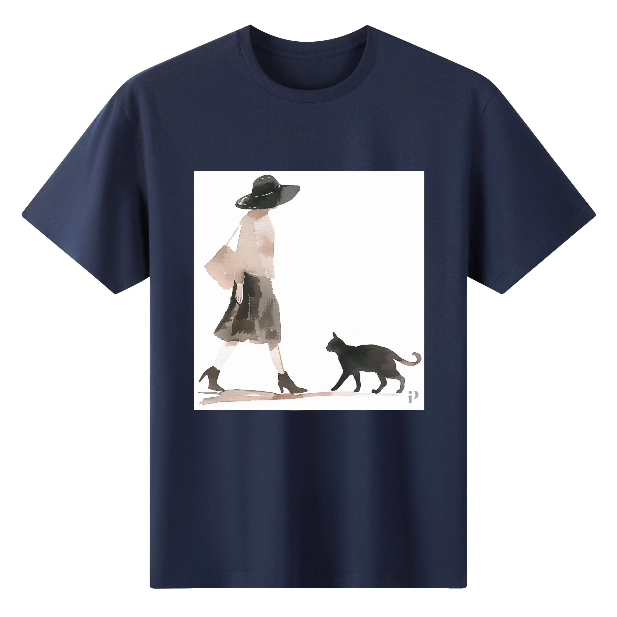 Camiseta de algodón con ilustración de mujer paseando con gato en acuarela.