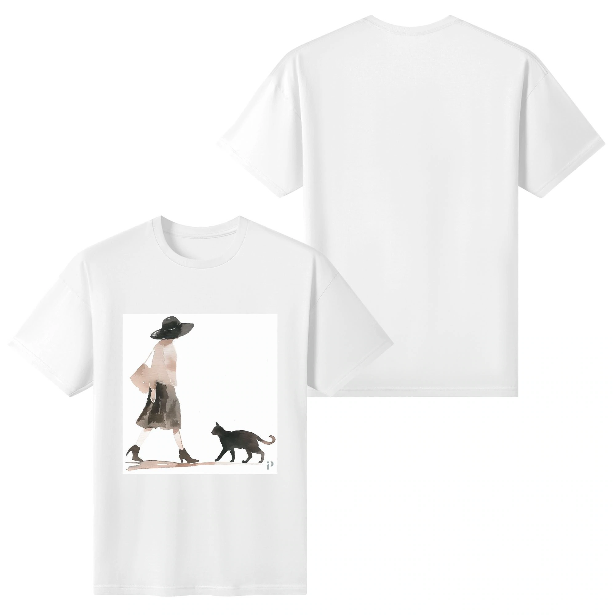 Camiseta de algodón con ilustración de mujer paseando con gato en acuarela. Parte posterior lisa de la camiseta “Paseo con Estilo” sin estampado.