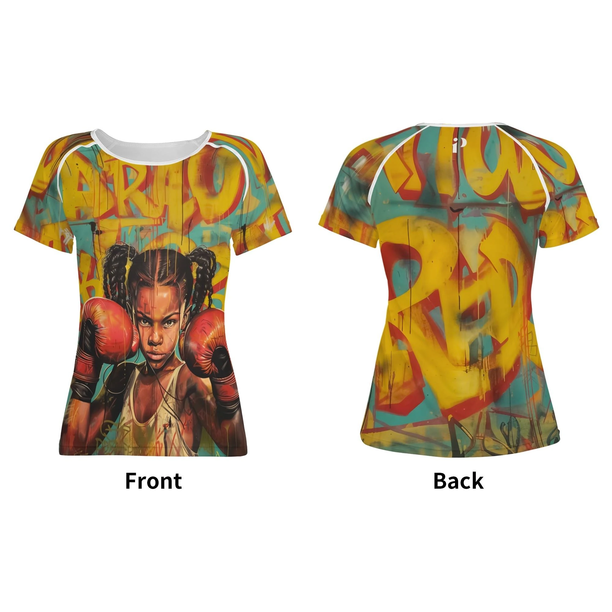 Camiseta gráfica para mujer con diseño de niña boxeadora y fondo de graffiti