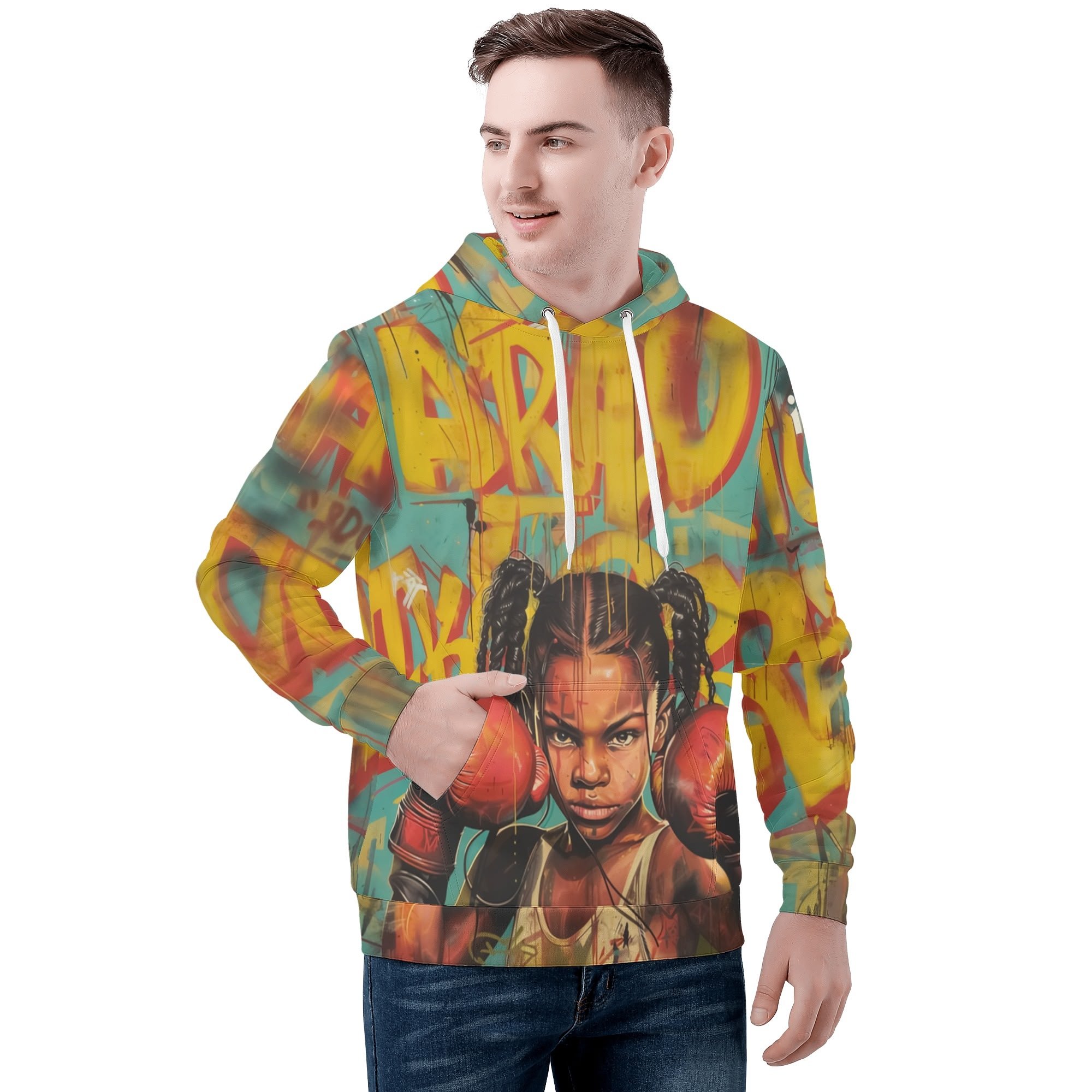 Sudadera Little Fighter hombre con diseño gráfico de niña boxeadora y fondo de graffiti urbano