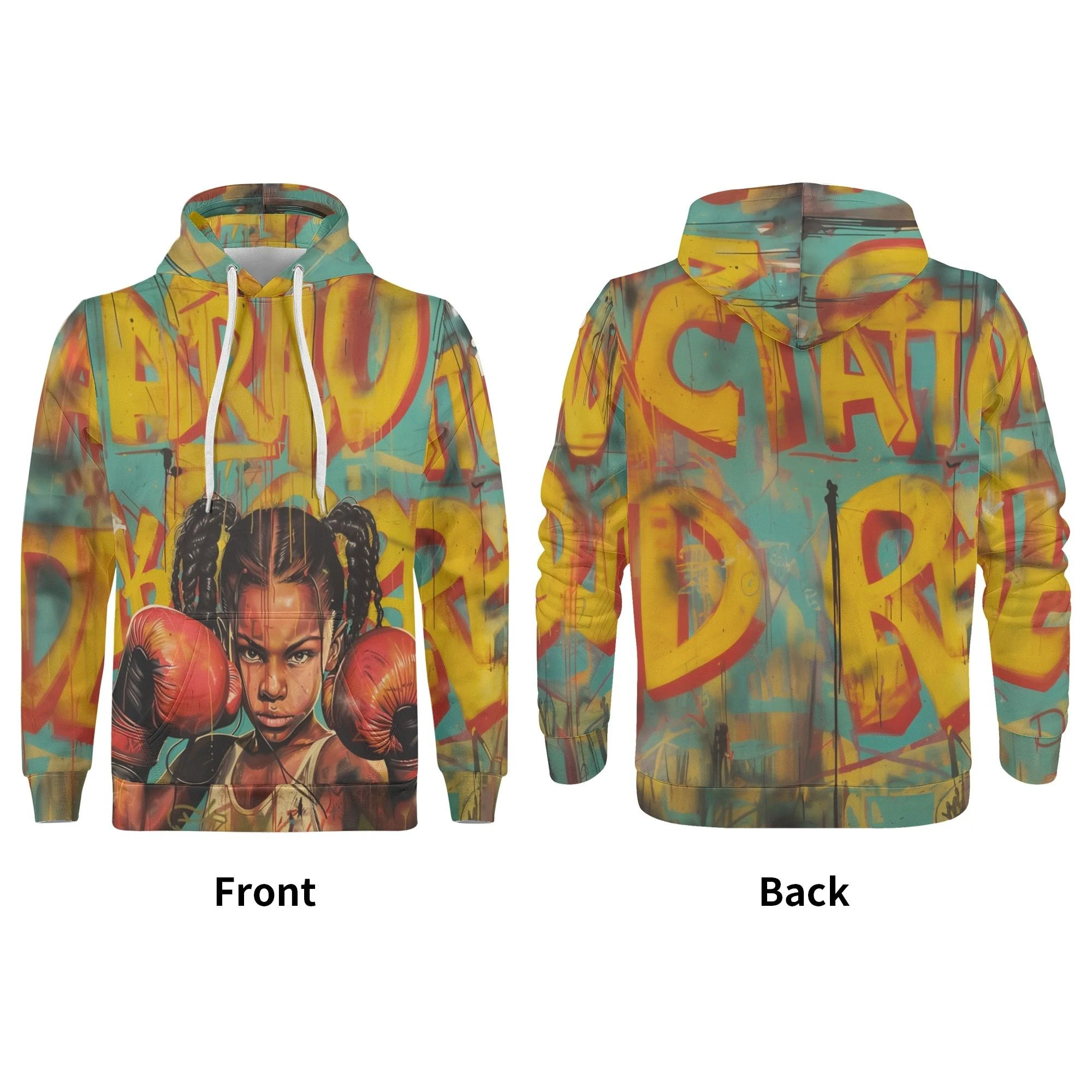 Sudadera Little Fighter hombre con diseño gráfico de niña boxeadora y fondo de graffiti urbano