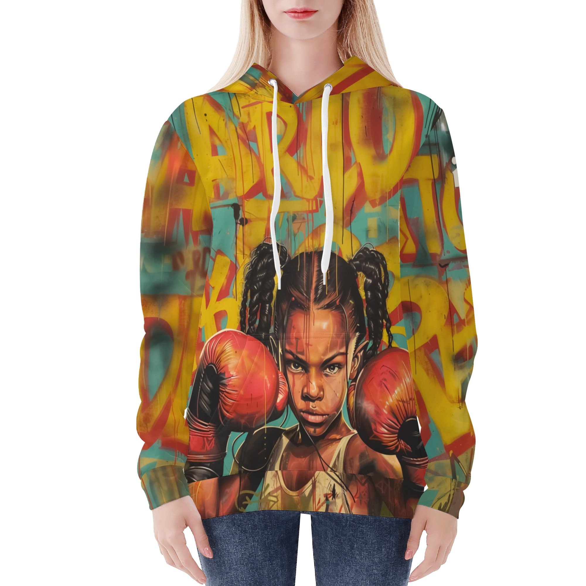 Sudadera Little Fighter mujer con diseño de niña boxeadora sobre fondo grafitero