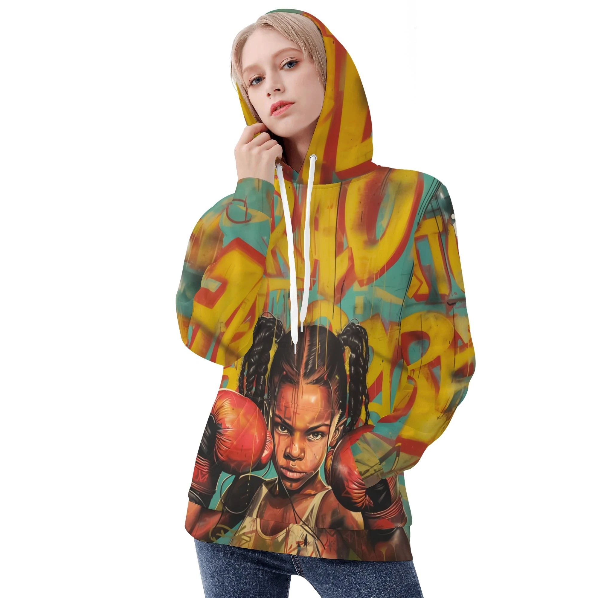 Sudadera Little Fighter mujer con diseño de niña boxeadora sobre fondo grafitero