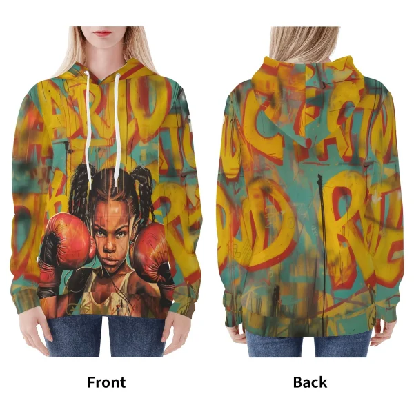 Sudadera Little Fighter mujer con diseño de niña boxeadora sobre fondo grafitero
