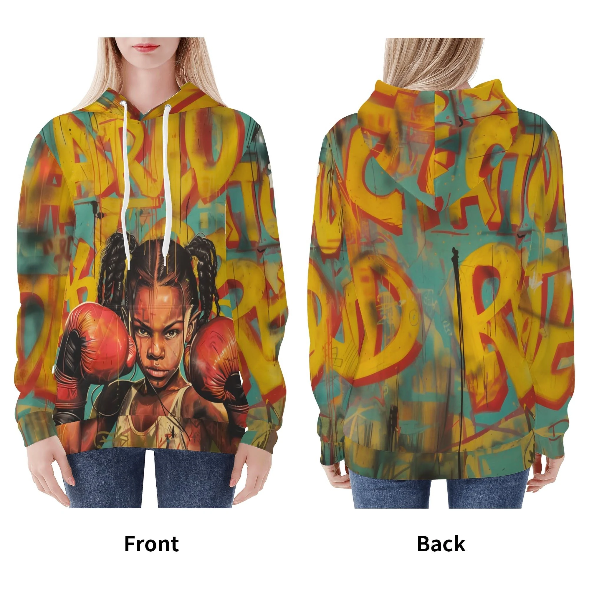 Sudadera Little Fighter mujer con diseño de niña boxeadora sobre fondo grafitero