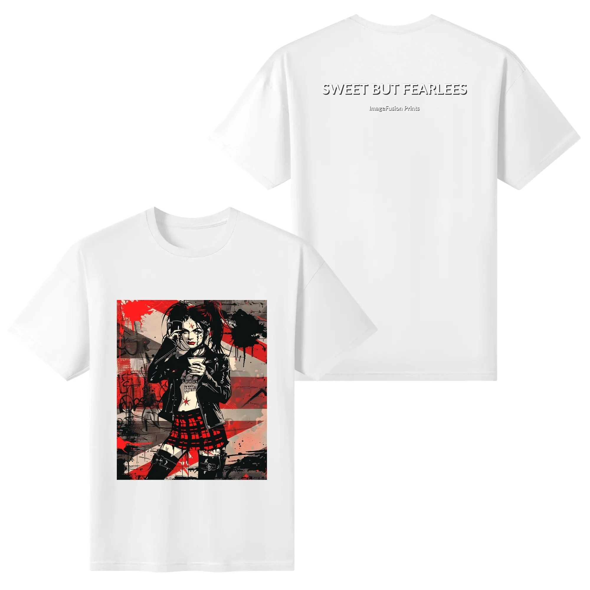 Camiseta mujer con diseño alternativo “Sweet But Fearless” frontal y trasero