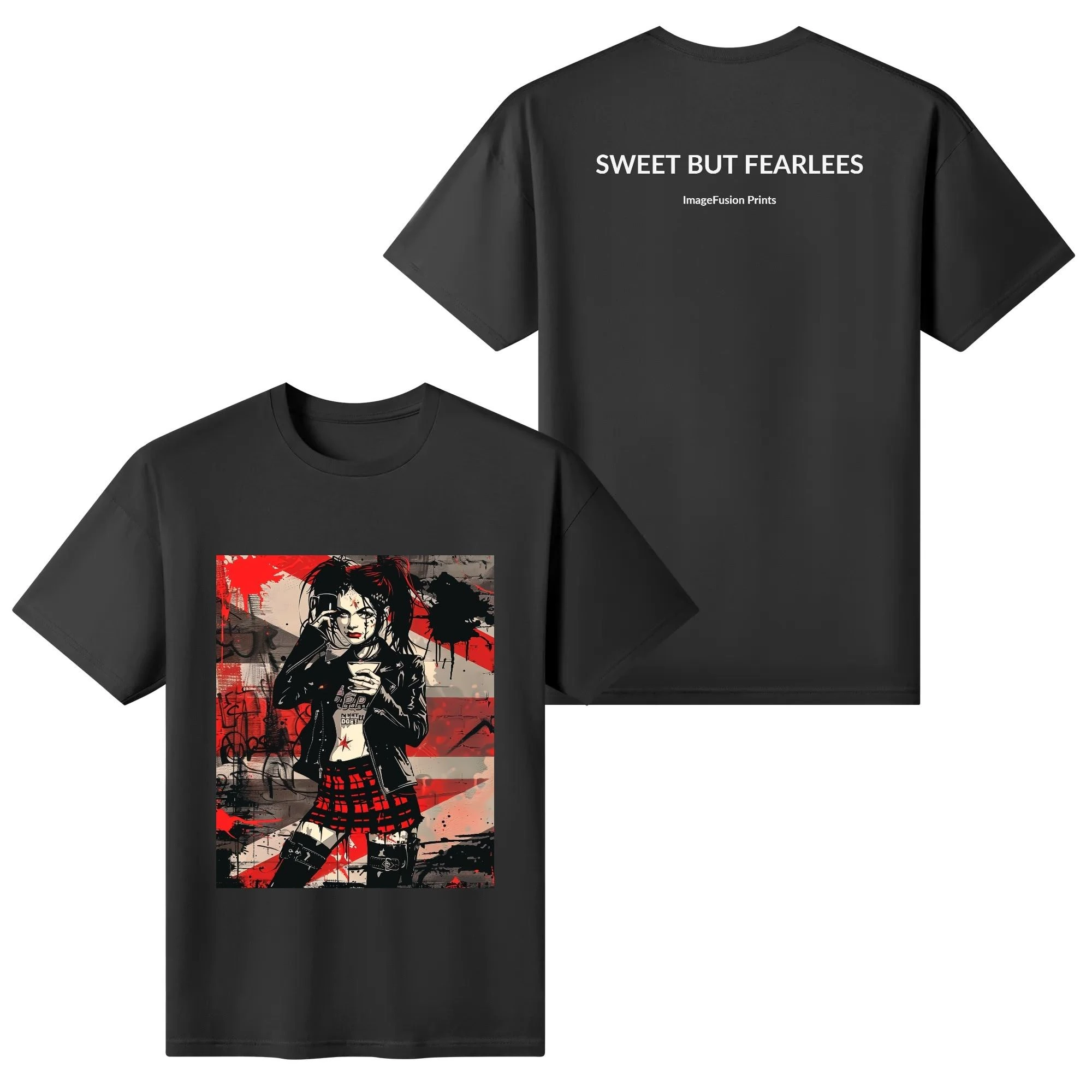Camiseta mujer con diseño alternativo “Sweet But Fearless” frontal y trasero