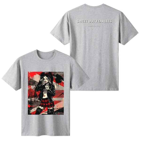 Camiseta mujer con diseño alternativo “Sweet But Fearless” frontal y trasero