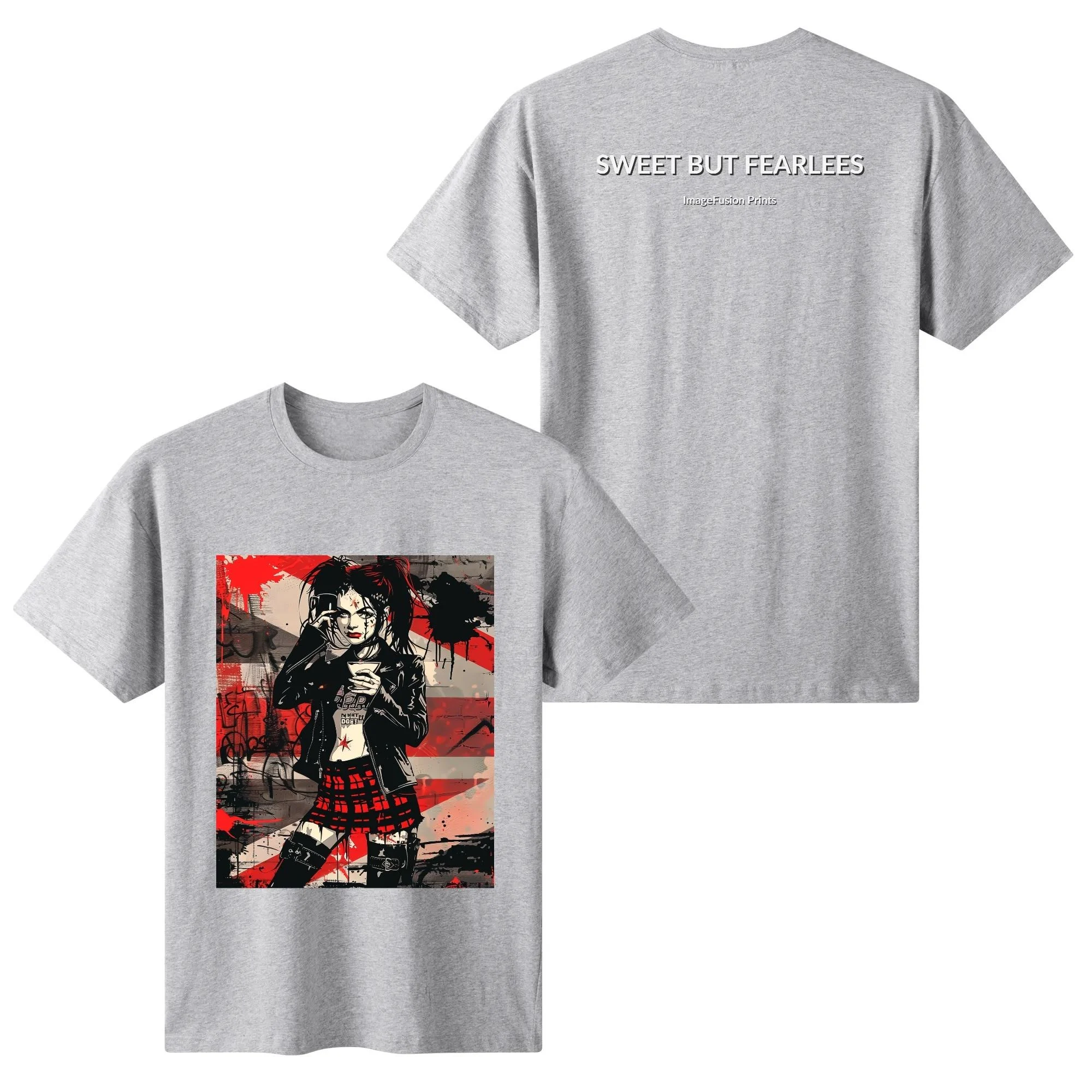 Camiseta mujer con diseño alternativo “Sweet But Fearless” frontal y trasero