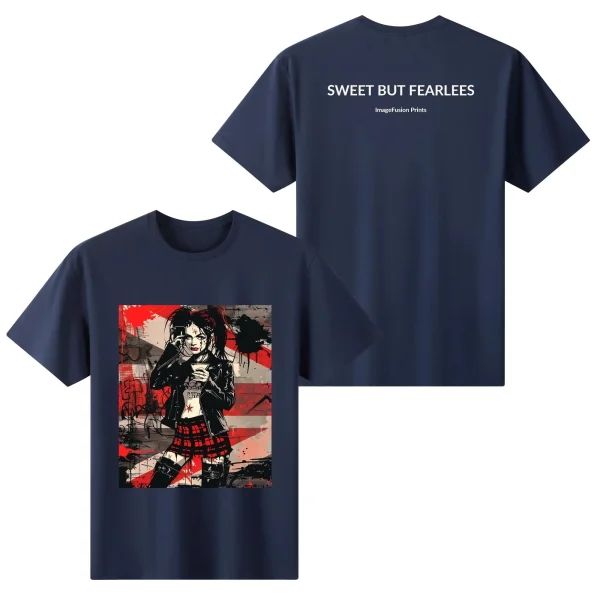 Camiseta mujer con diseño alternativo “Sweet But Fearless” frontal y trasero
