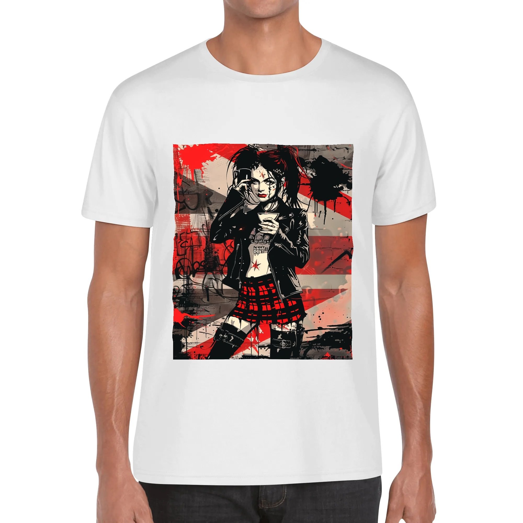 Camiseta hombre con ilustración de chica alternativa y mensaje "Sweet But Fearless" en la espalda