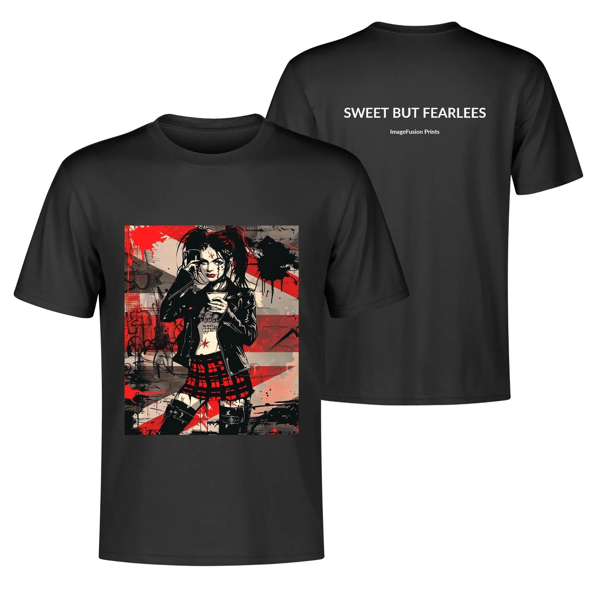 Camiseta hombre con ilustración de chica alternativa y mensaje "Sweet But Fearless" en la espalda