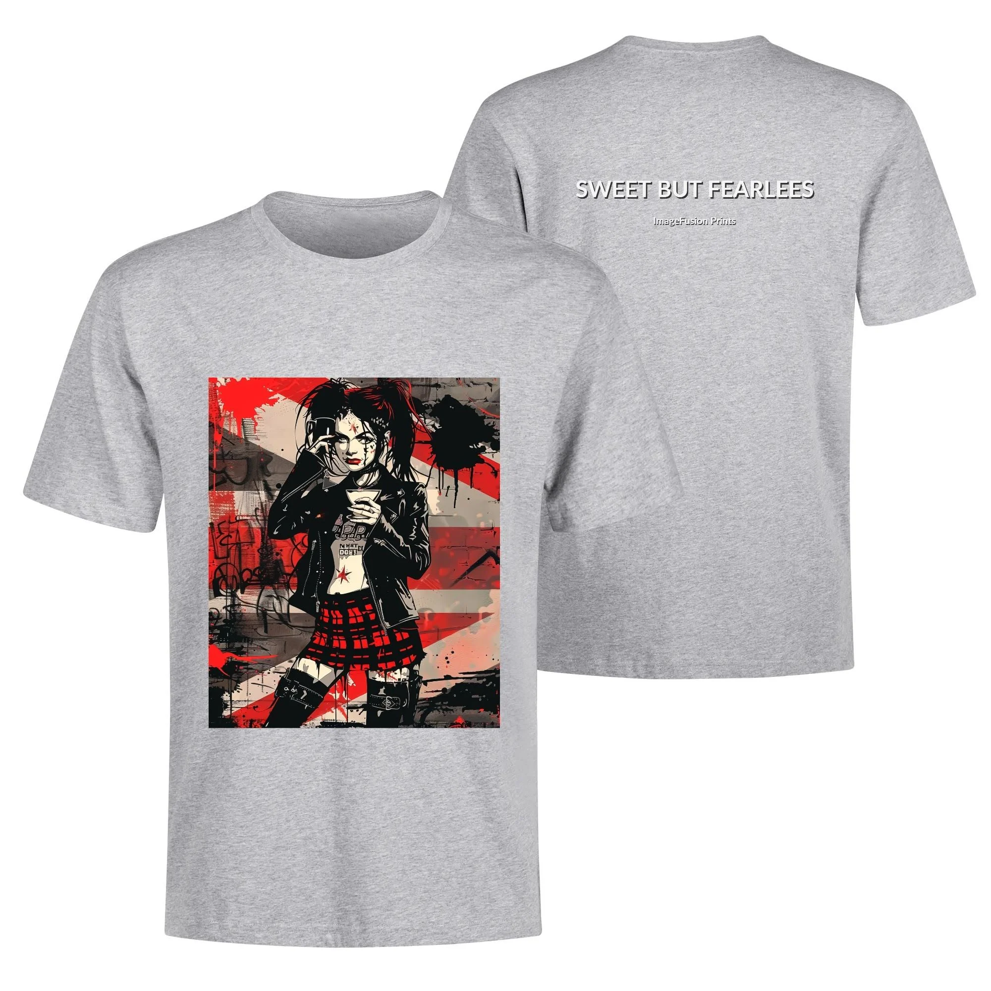 Camiseta hombre con ilustración de chica alternativa y mensaje "Sweet But Fearless" en la espalda